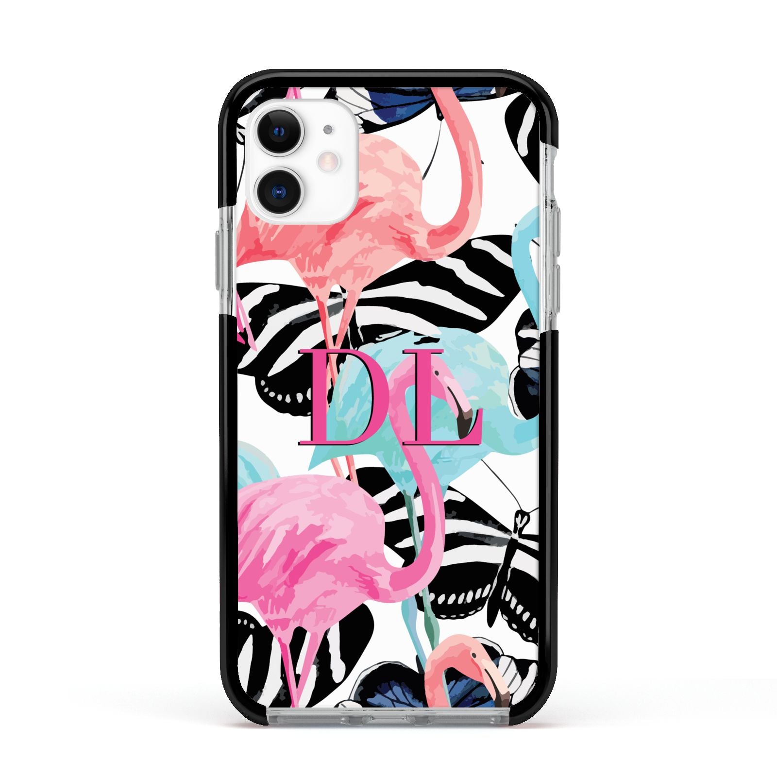 Butterflies Flamingos Apple iPhone 11 in White with Black Impact Case