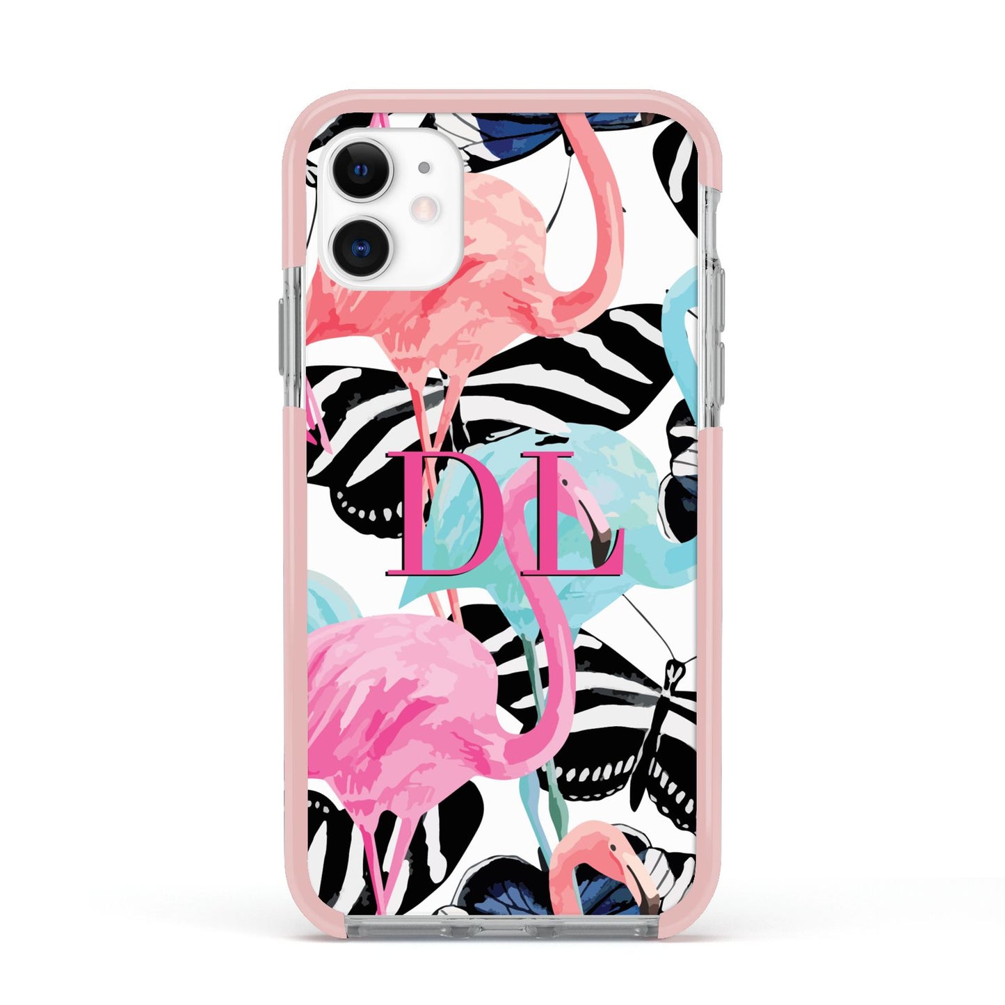 Butterflies Flamingos Apple iPhone 11 in White with Pink Impact Case