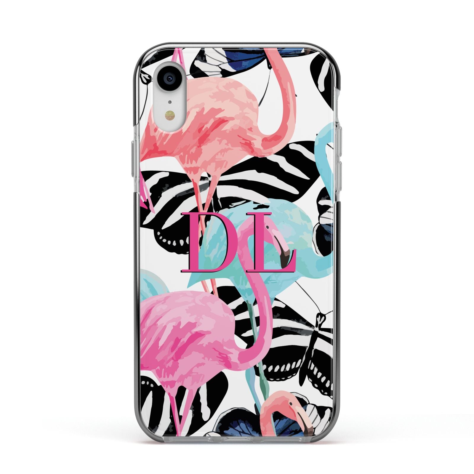 Butterflies Flamingos Apple iPhone XR Impact Case Black Edge on Silver Phone