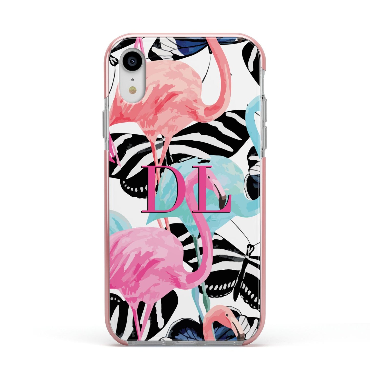 Butterflies Flamingos Apple iPhone XR Impact Case Pink Edge on Silver Phone