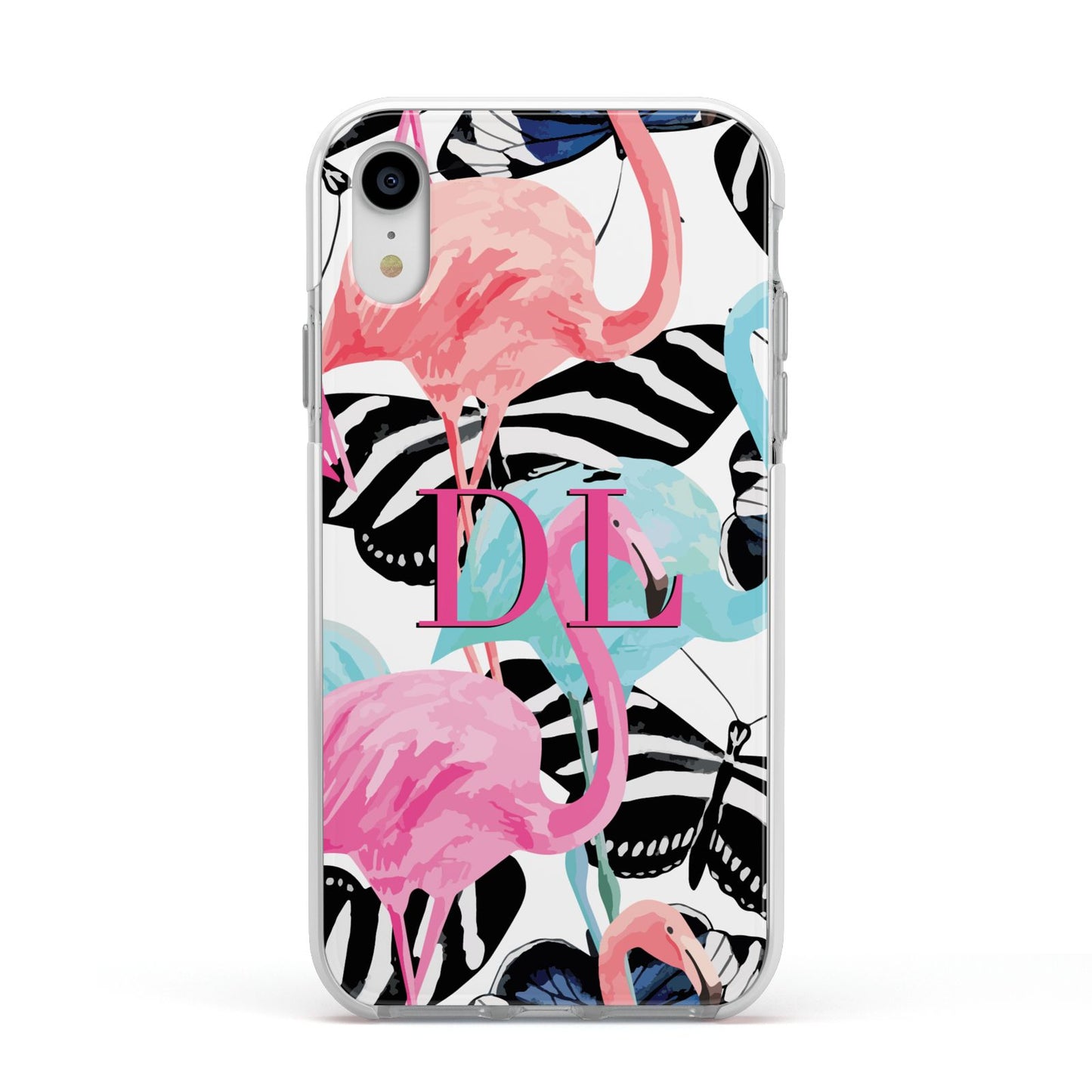 Butterflies Flamingos Apple iPhone XR Impact Case White Edge on Silver Phone