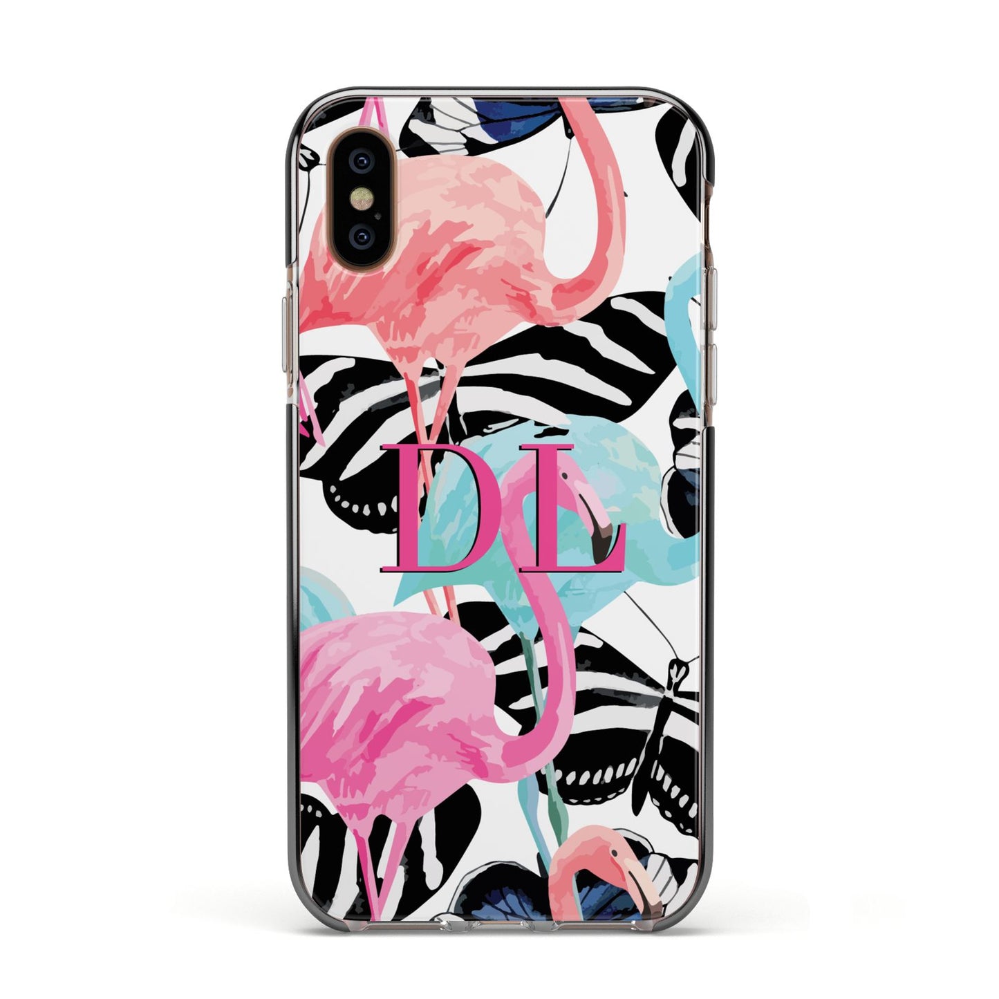 Butterflies Flamingos Apple iPhone Xs Impact Case Black Edge on Gold Phone