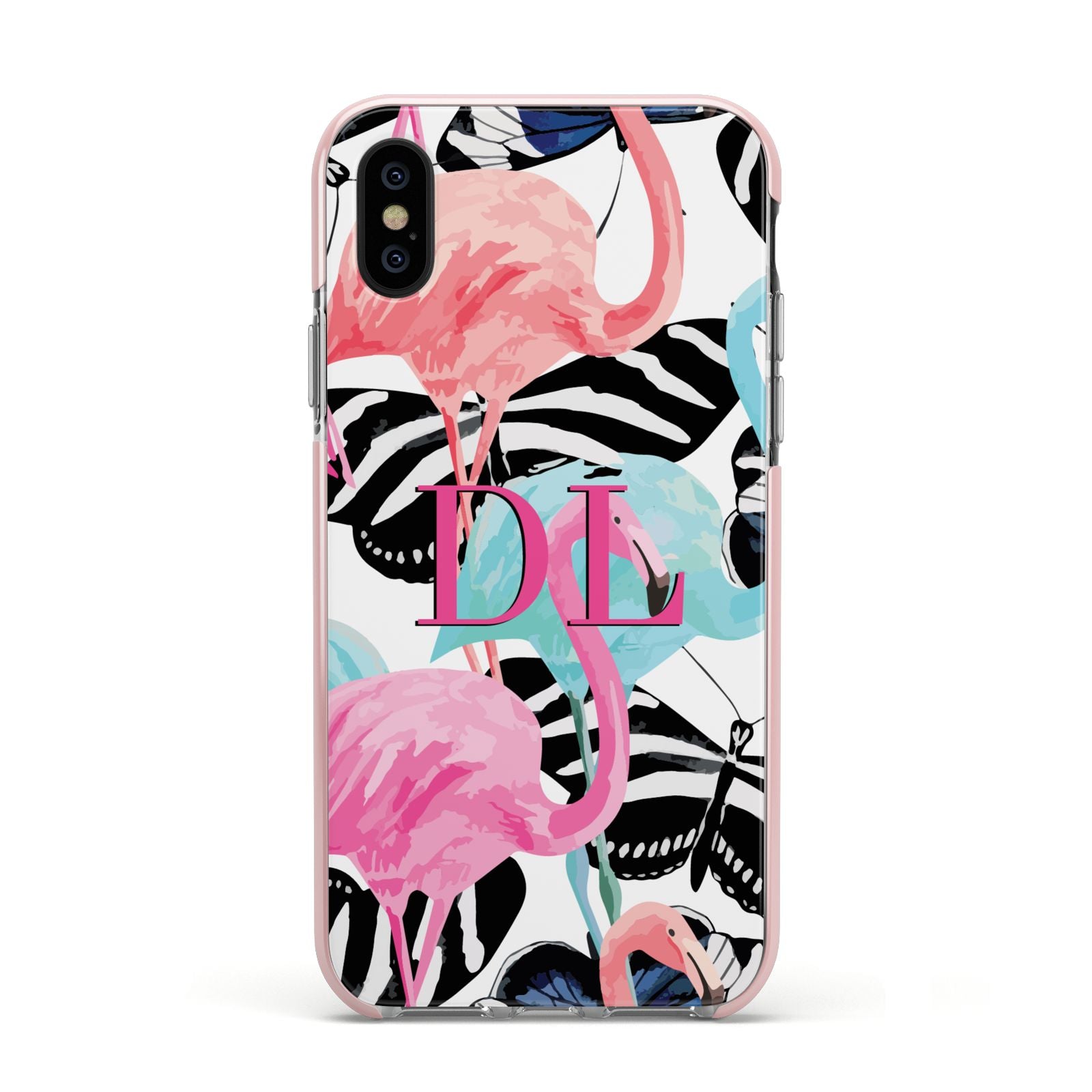 Butterflies Flamingos Apple iPhone Xs Impact Case Pink Edge on Black Phone