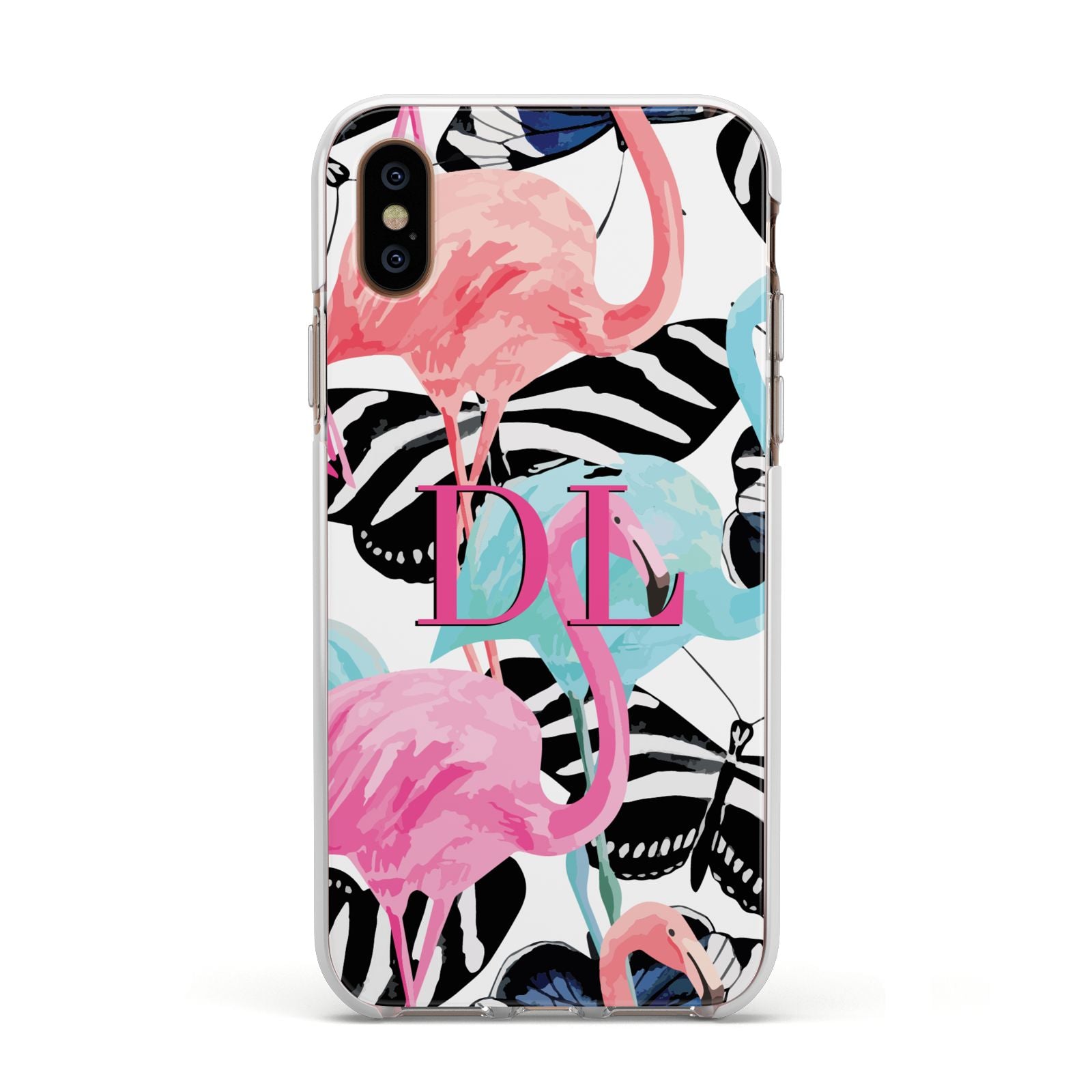 Butterflies Flamingos Apple iPhone Xs Impact Case White Edge on Gold Phone