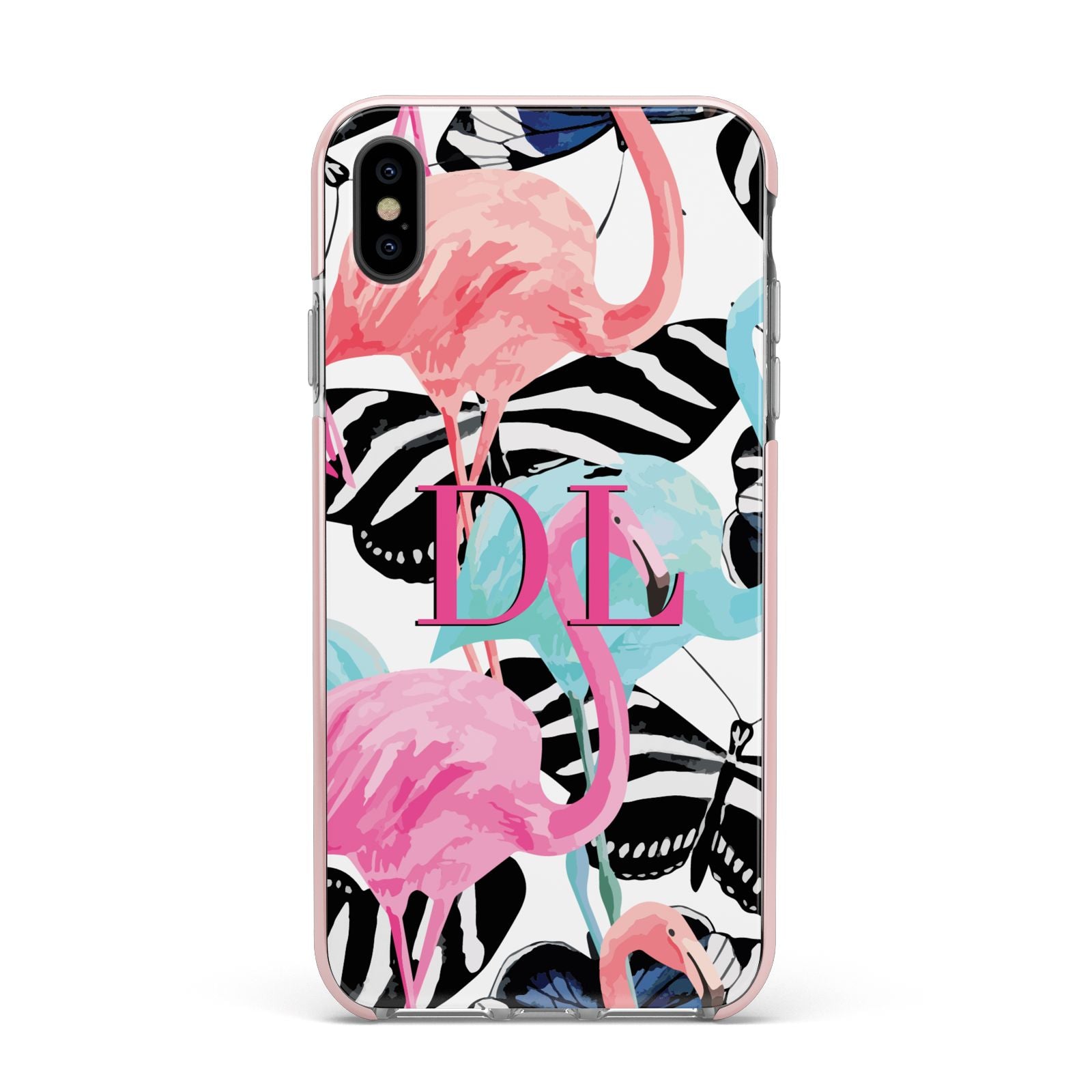 Butterflies Flamingos Apple iPhone Xs Max Impact Case Pink Edge on Black Phone