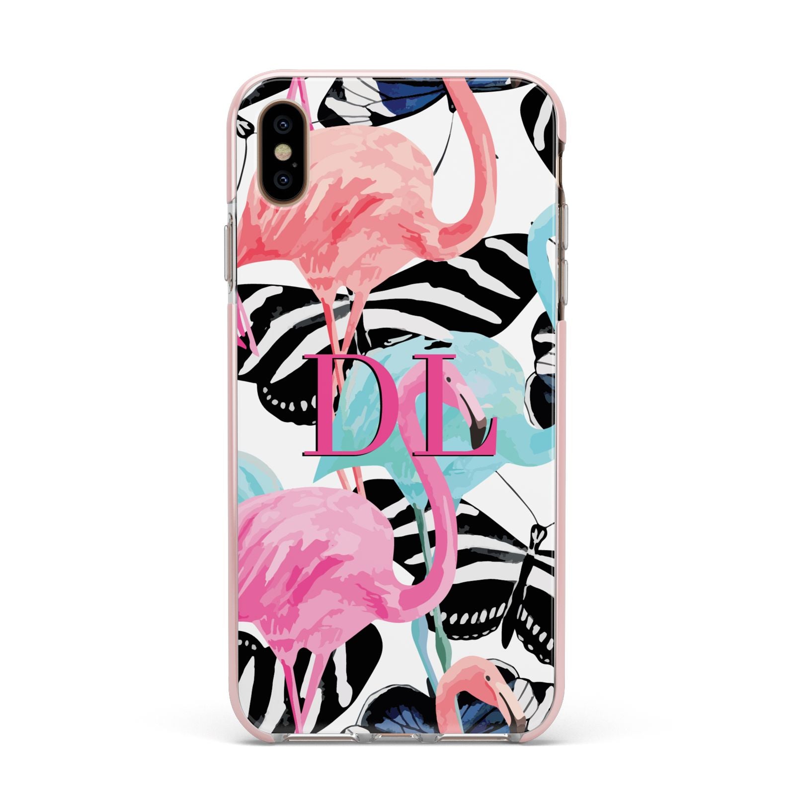 Butterflies Flamingos Apple iPhone Xs Max Impact Case Pink Edge on Gold Phone