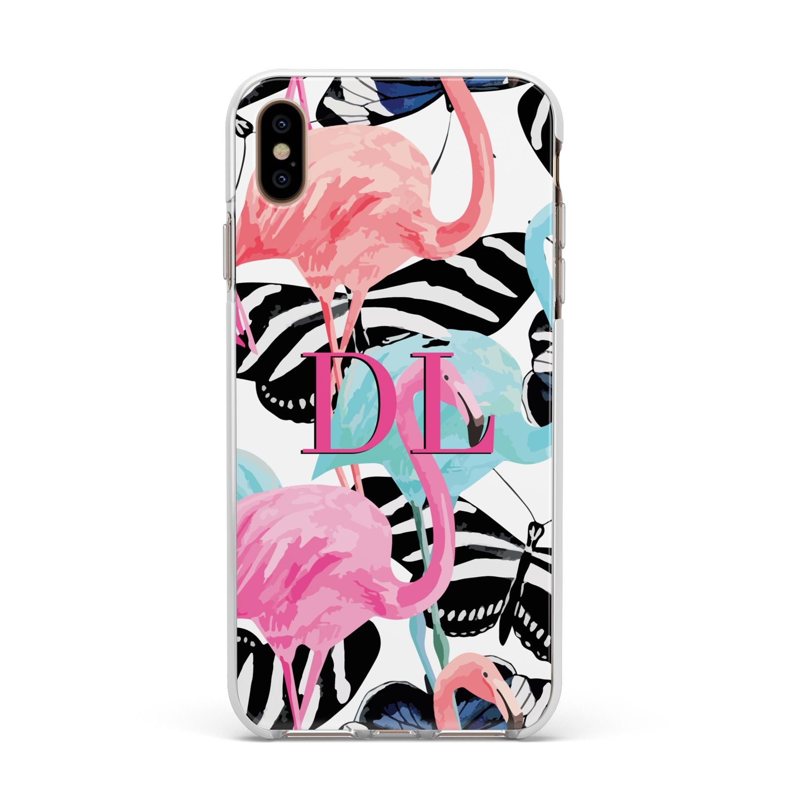 Butterflies Flamingos Apple iPhone Xs Max Impact Case White Edge on Gold Phone