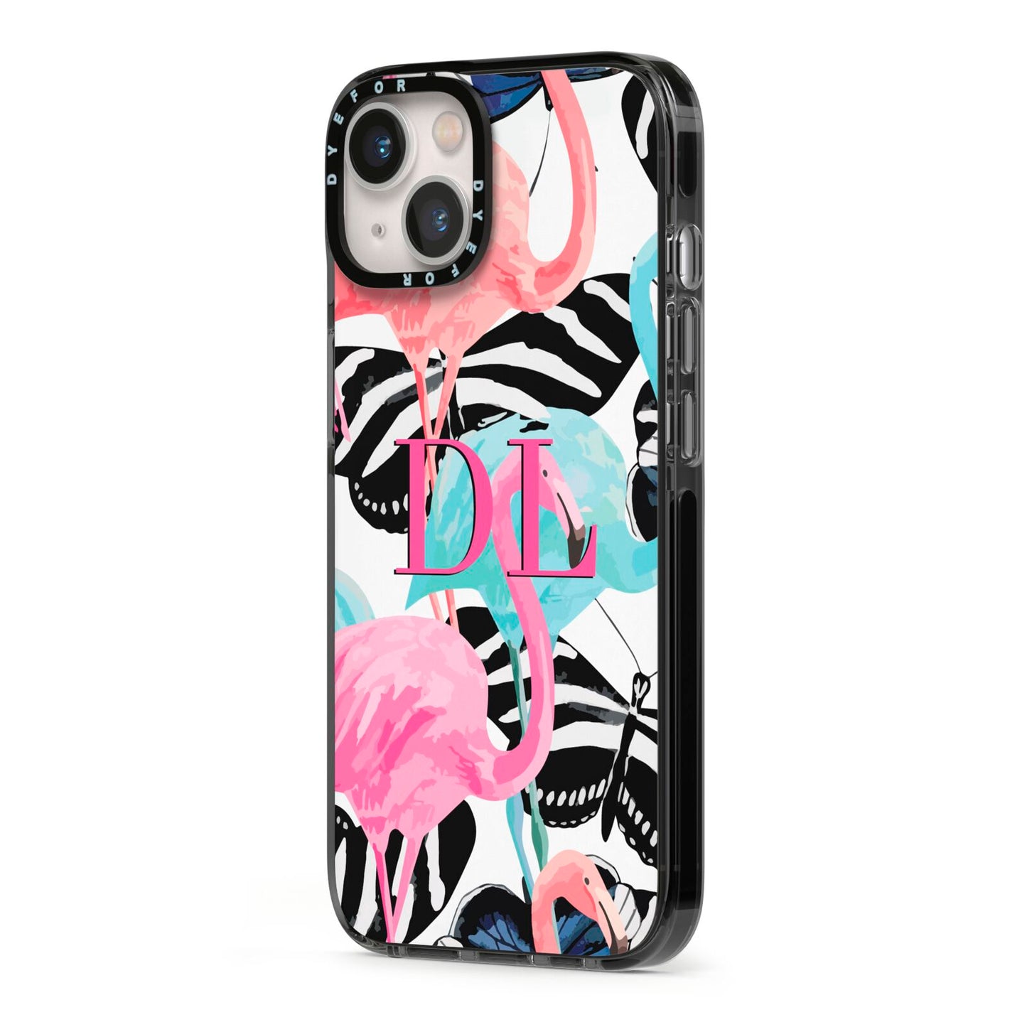 Butterflies Flamingos iPhone 13 Black Impact Case Side Angle on Silver phone