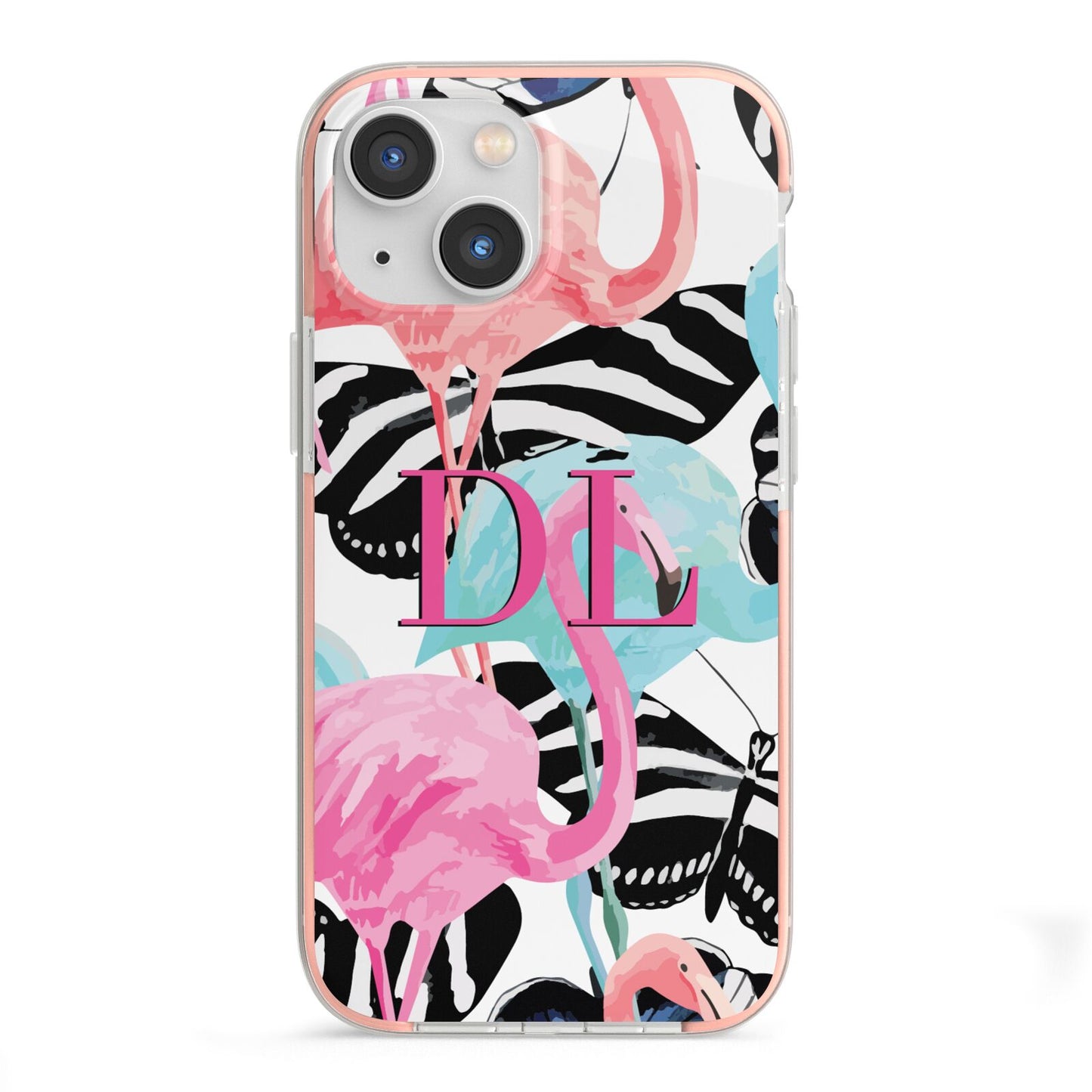 Butterflies Flamingos iPhone 13 Mini TPU Impact Case with Pink Edges