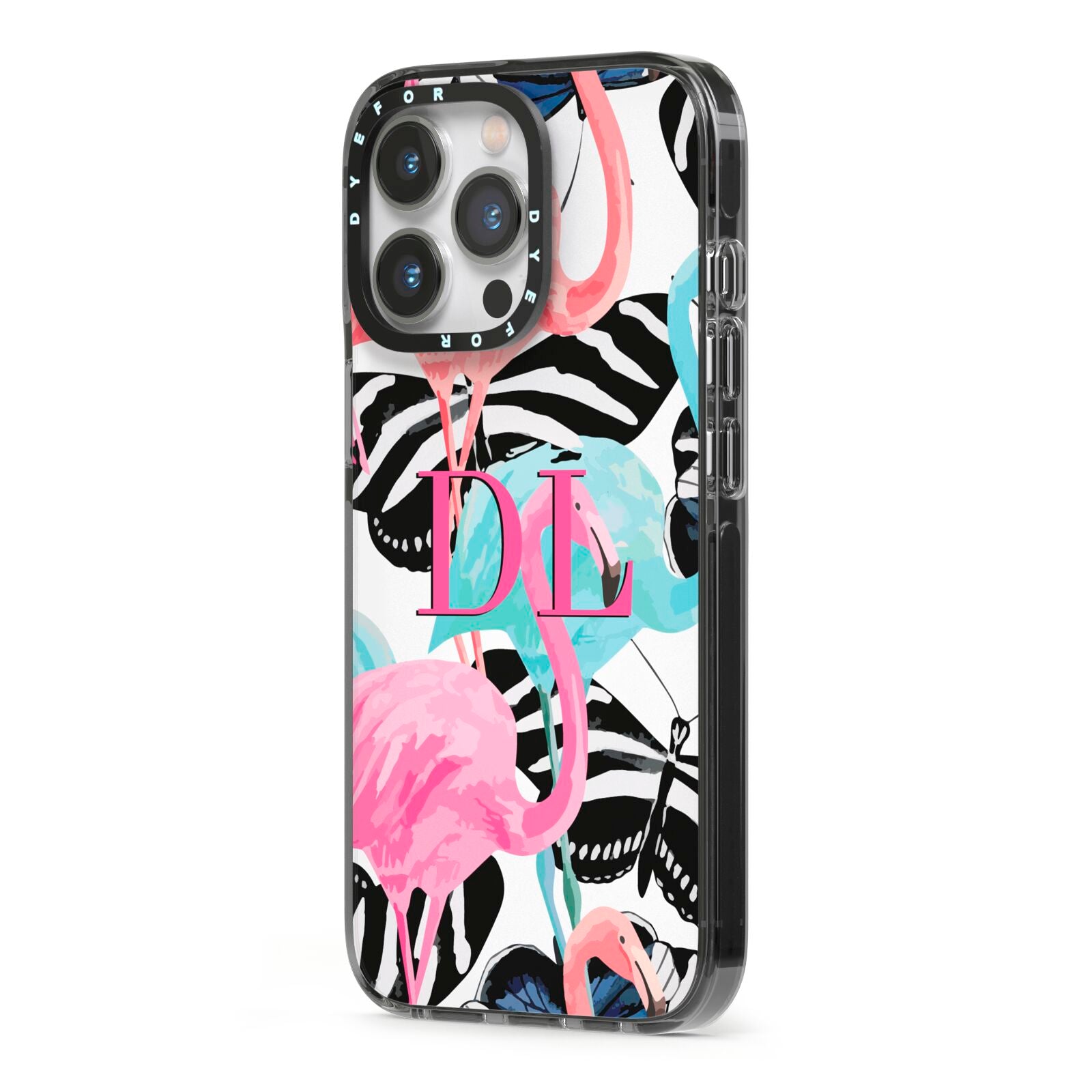 Butterflies Flamingos iPhone 13 Pro Black Impact Case Side Angle on Silver phone
