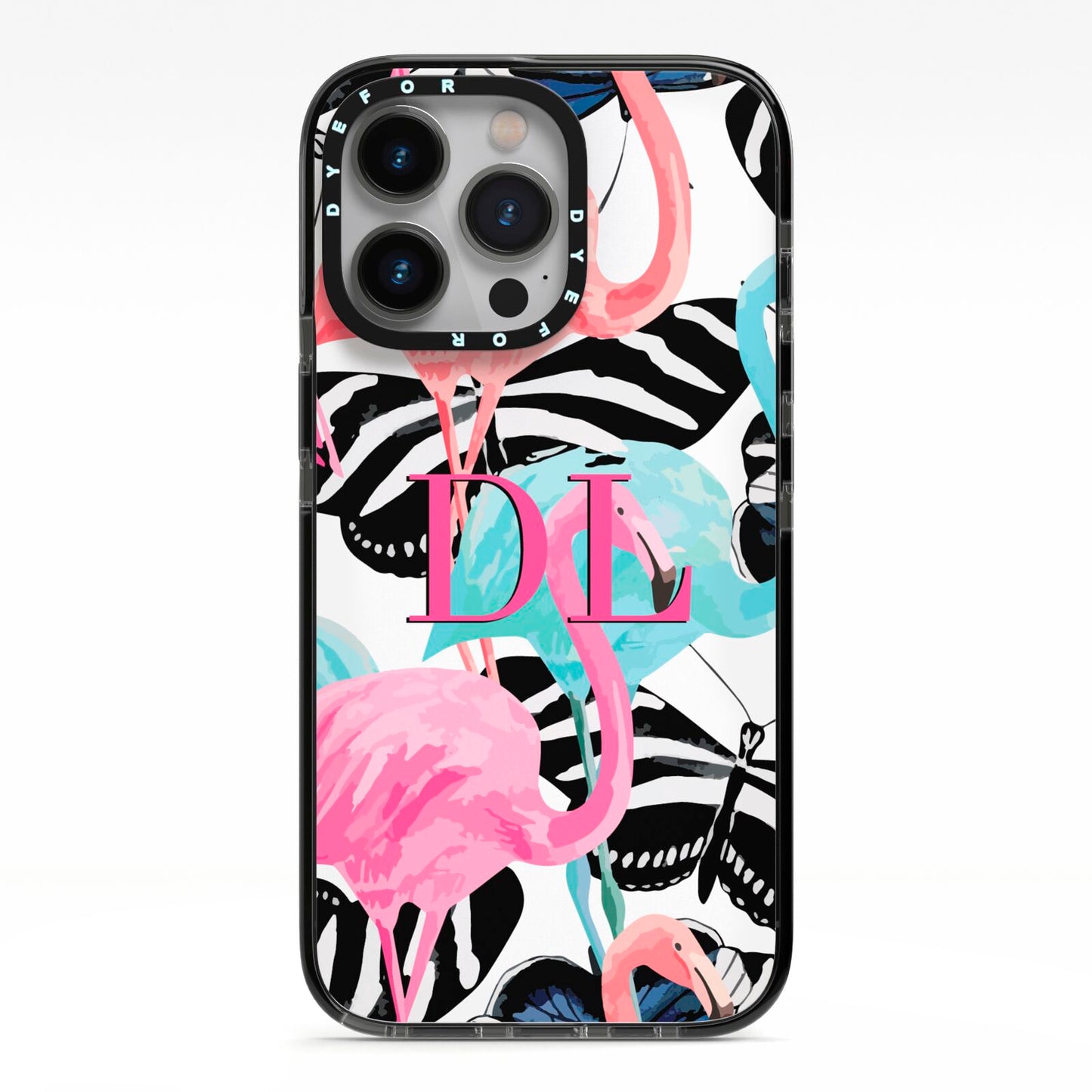 Butterflies Flamingos iPhone 13 Pro Black Impact Case on Silver phone