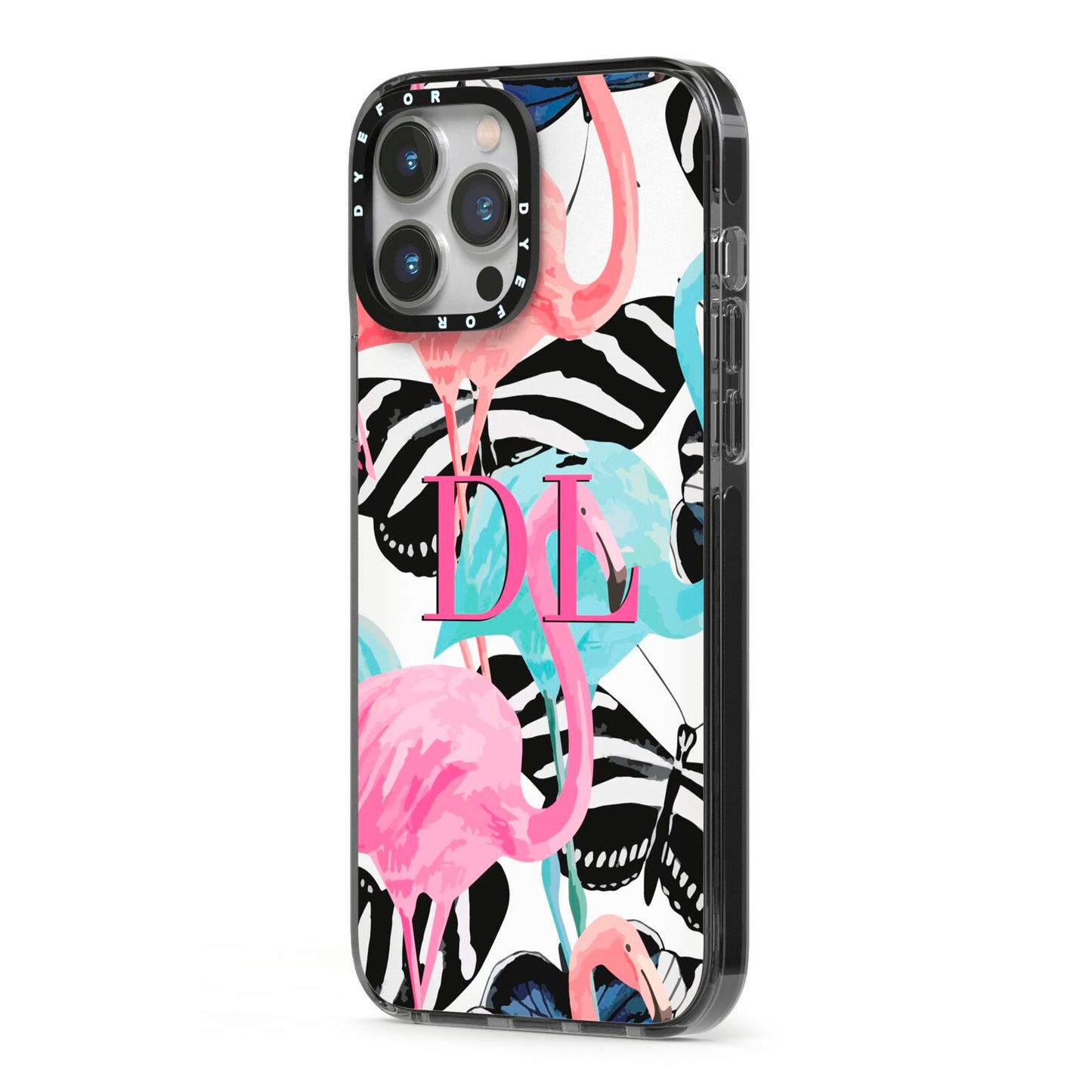 Butterflies Flamingos iPhone 13 Pro Max Black Impact Case Side Angle on Silver phone