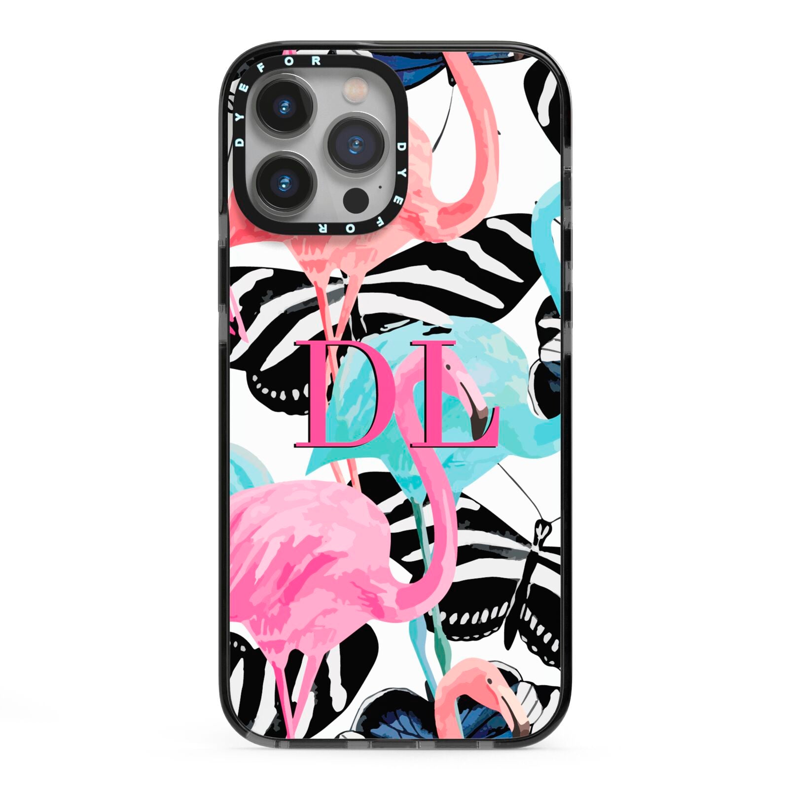 Butterflies Flamingos iPhone 13 Pro Max Black Impact Case on Silver phone
