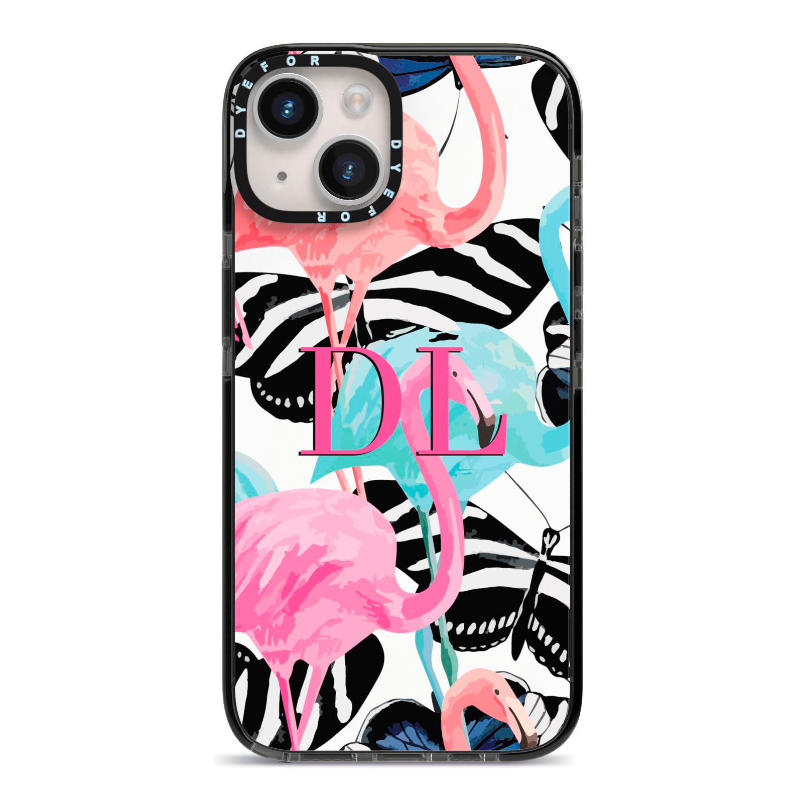 Butterflies Flamingos iPhone 14 Black Impact Case on Silver phone