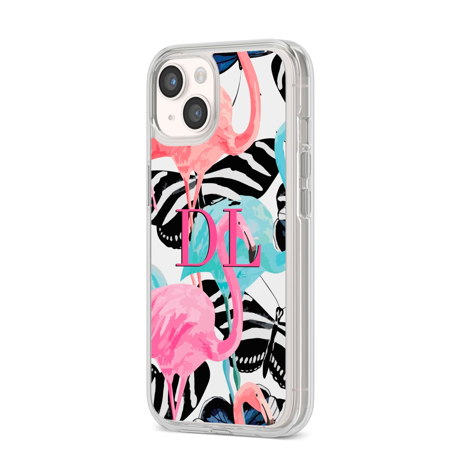 Butterflies Flamingos iPhone 14 Clear Tough Case Starlight Angled Image