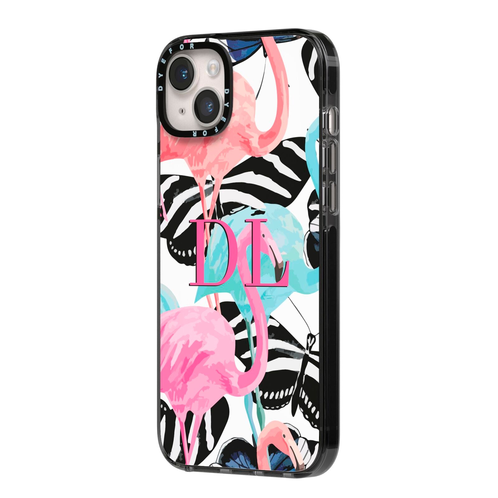 Butterflies Flamingos iPhone 14 Plus Black Impact Case Side Angle on Silver phone