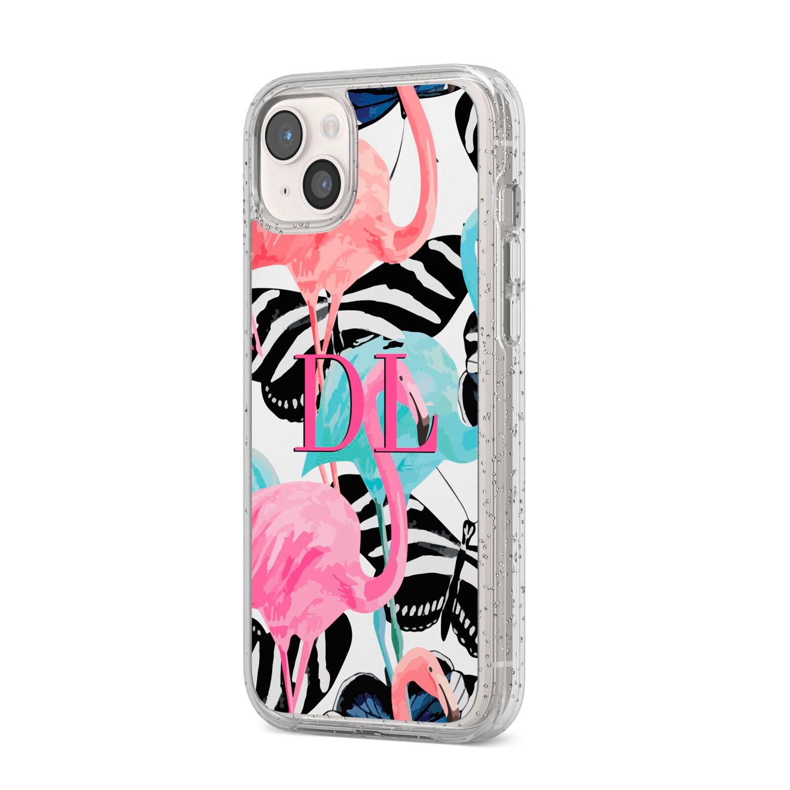 Butterflies Flamingos iPhone 14 Plus Glitter Tough Case Starlight Angled Image