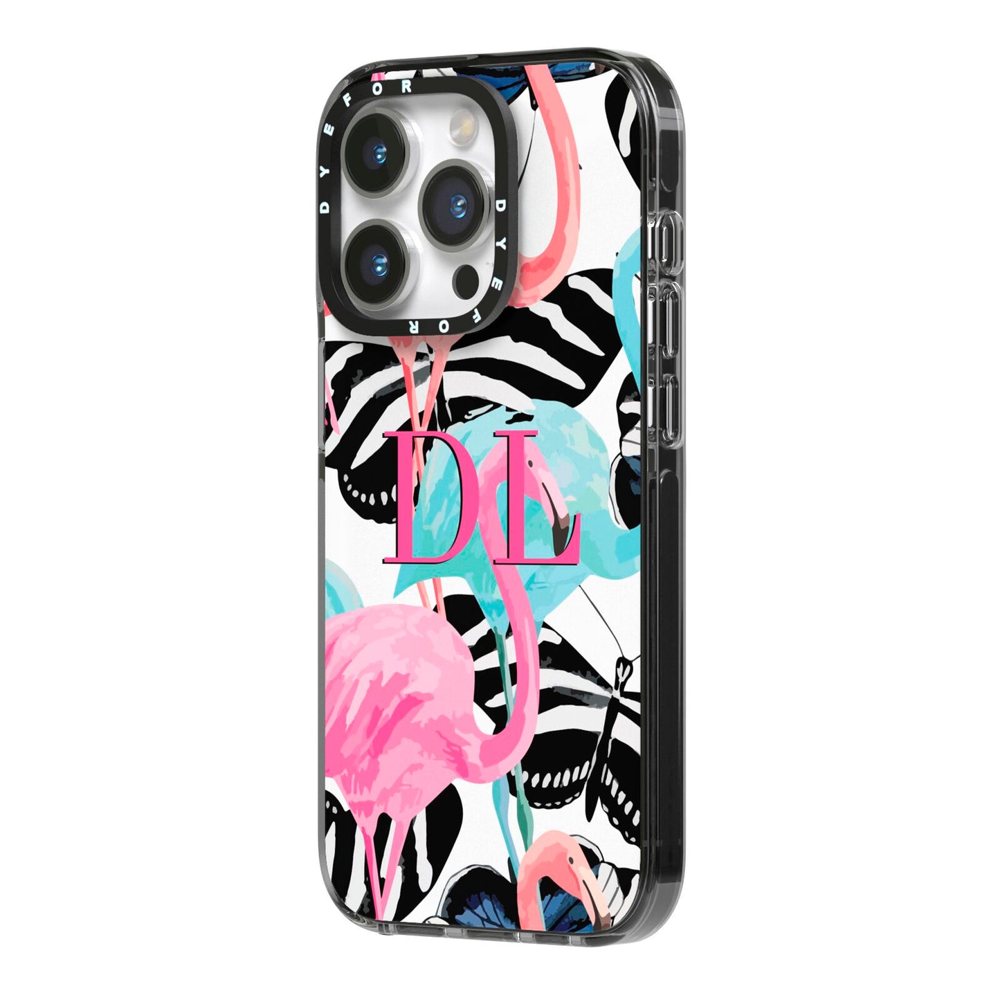 Butterflies Flamingos iPhone 14 Pro Black Impact Case Side Angle on Silver phone