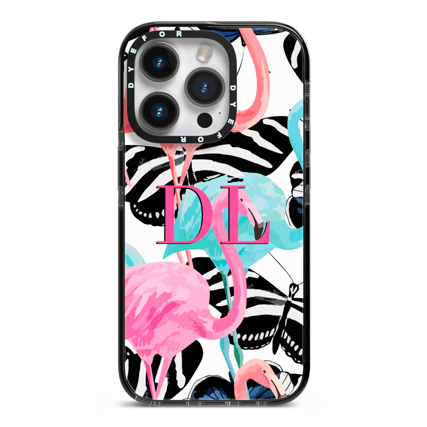 Butterflies Flamingos iPhone 14 Pro Black Impact Case on Silver phone
