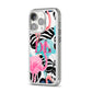 Butterflies Flamingos iPhone 14 Pro Clear Tough Case Silver Angled Image