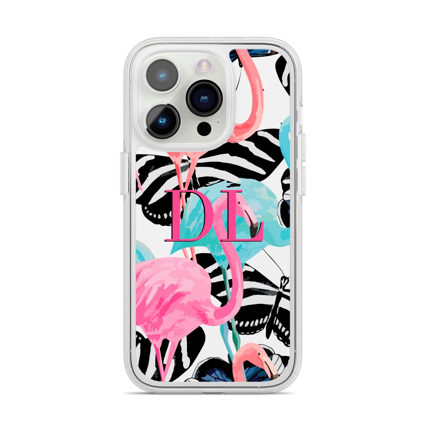 Butterflies Flamingos iPhone 14 Pro Clear Tough Case Silver