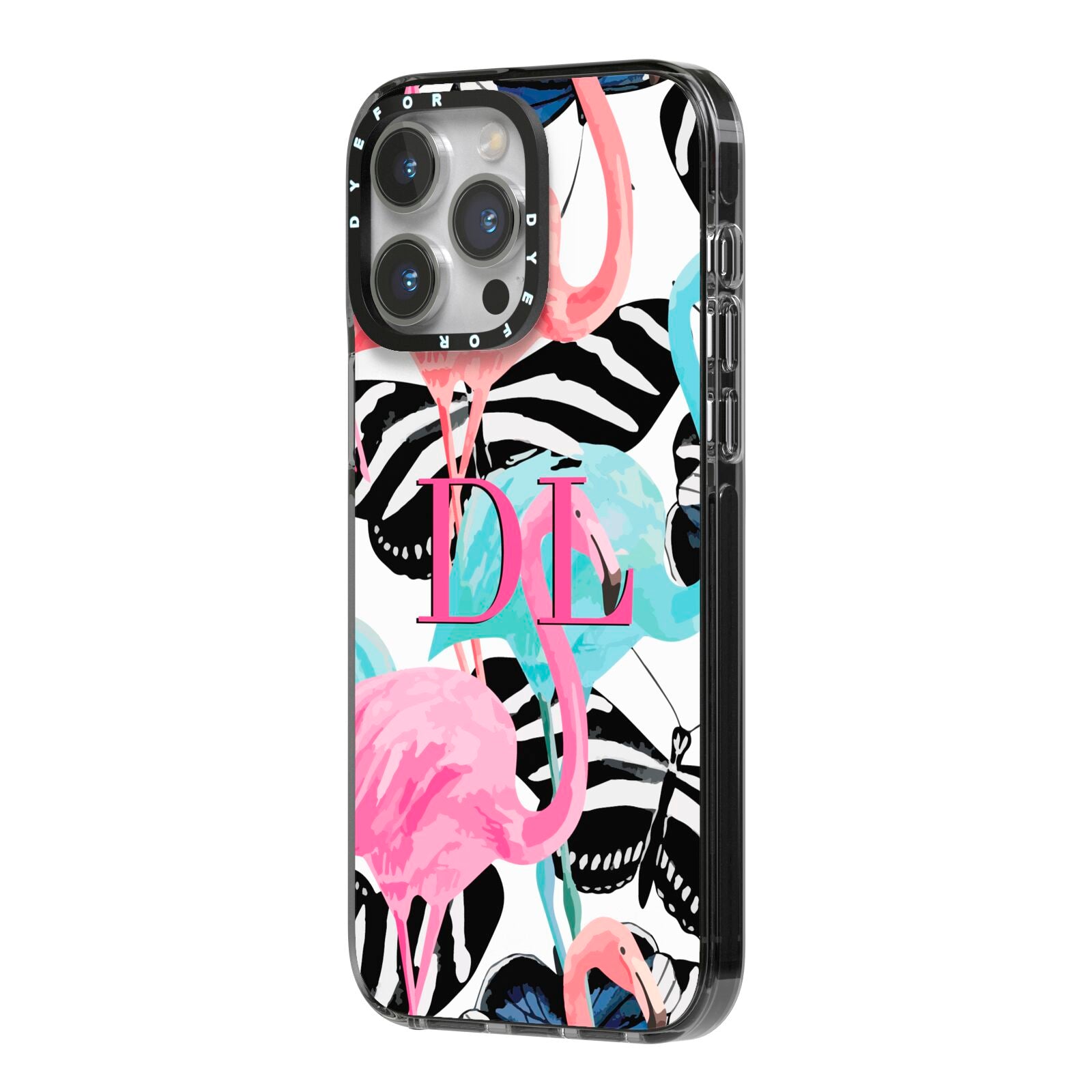 Butterflies Flamingos iPhone 14 Pro Max Black Impact Case Side Angle on Silver phone