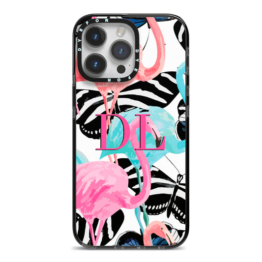 Butterflies Flamingos iPhone 14 Pro Max Black Impact Case on Silver phone