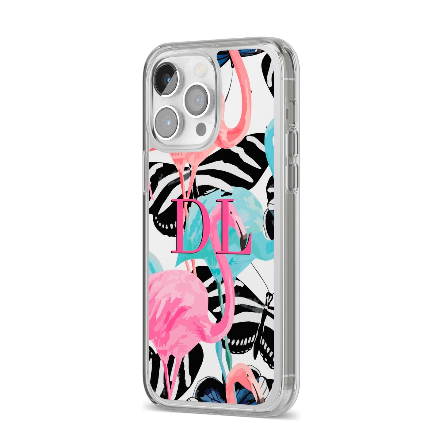 Butterflies Flamingos iPhone 14 Pro Max Clear Tough Case Silver Angled Image