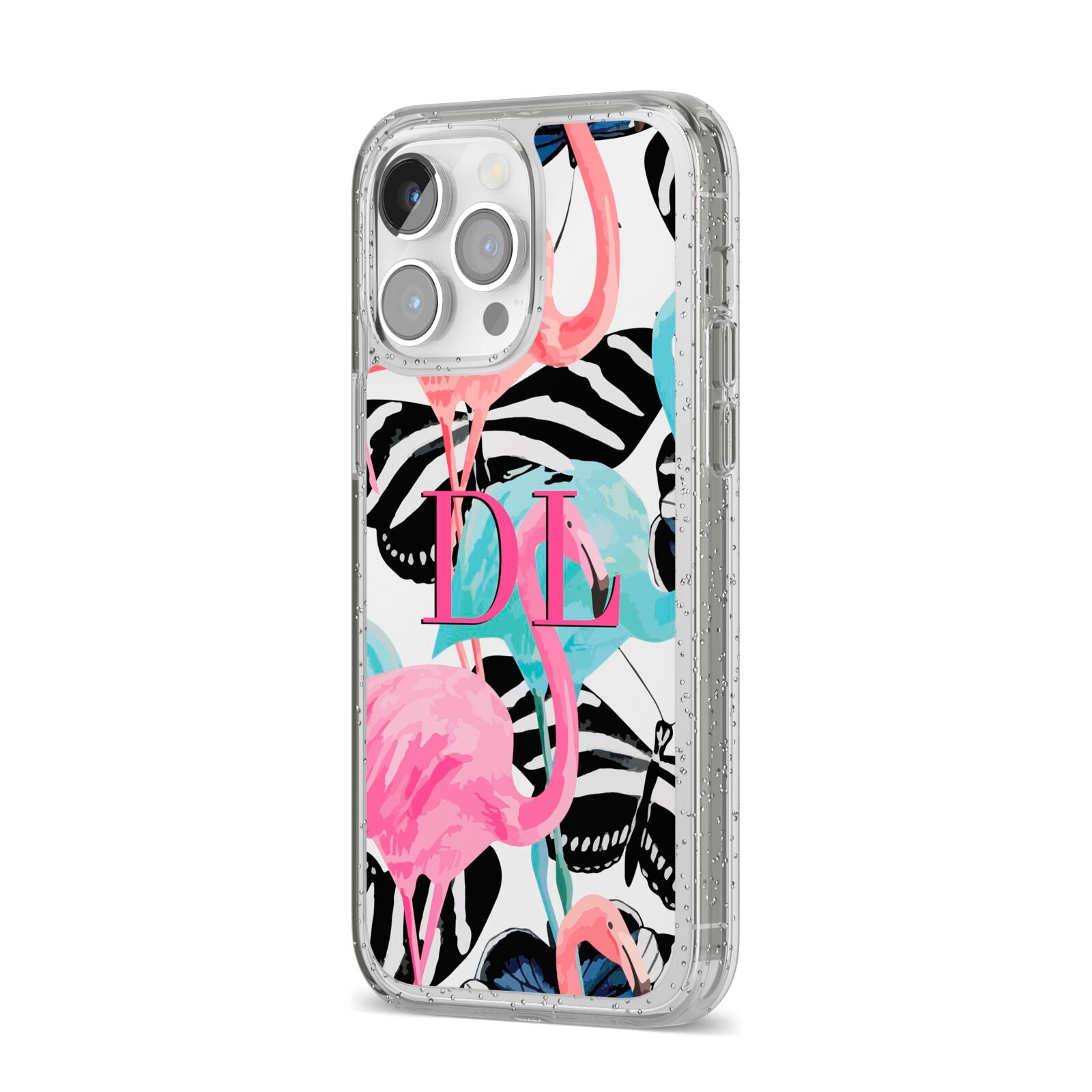 Butterflies Flamingos iPhone 14 Pro Max Glitter Tough Case Silver Angled Image