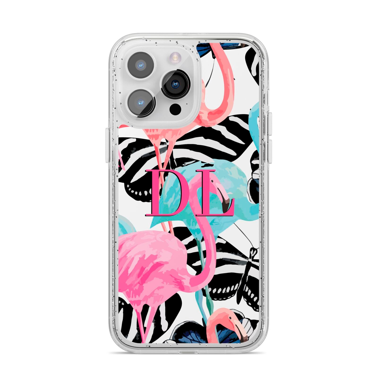 Butterflies Flamingos iPhone 14 Pro Max Glitter Tough Case Silver