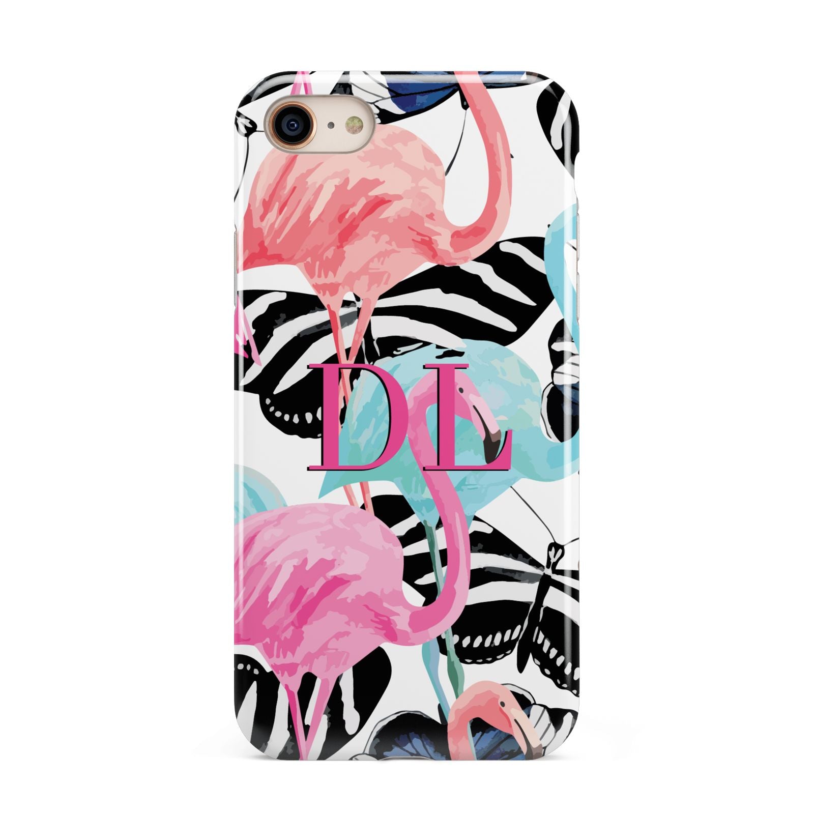 Butterflies Flamingos iPhone 8 3D Tough Case on Gold Phone