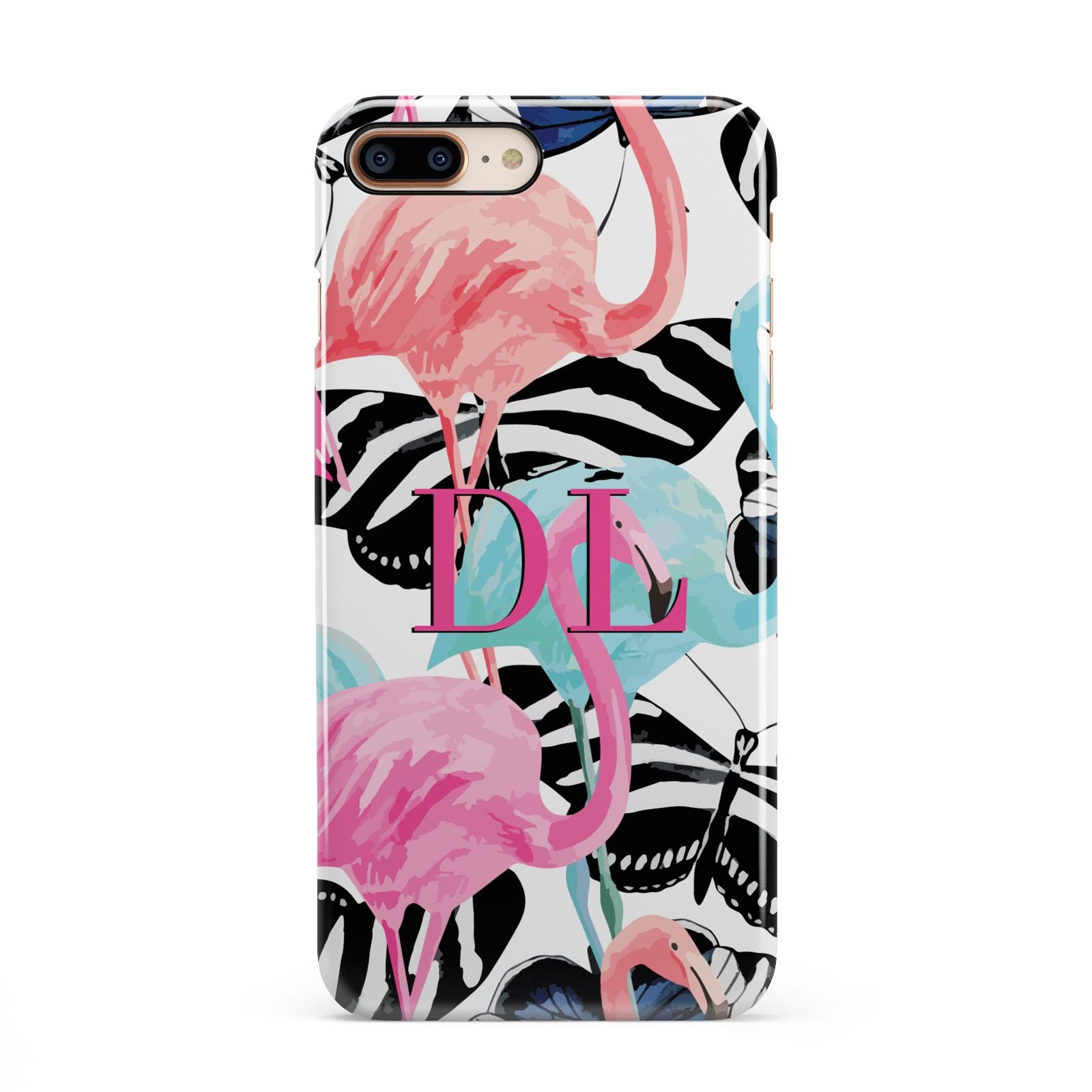 Butterflies Flamingos iPhone 8 Plus 3D Snap Case on Gold Phone