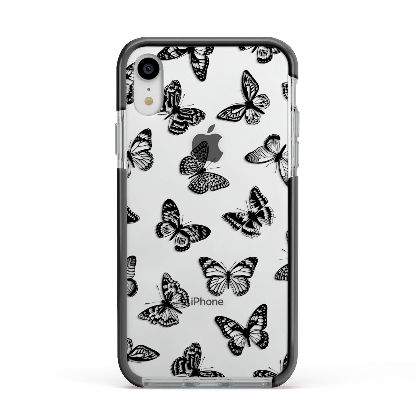 Butterfly Apple iPhone XR Impact Case Black Edge on Silver Phone