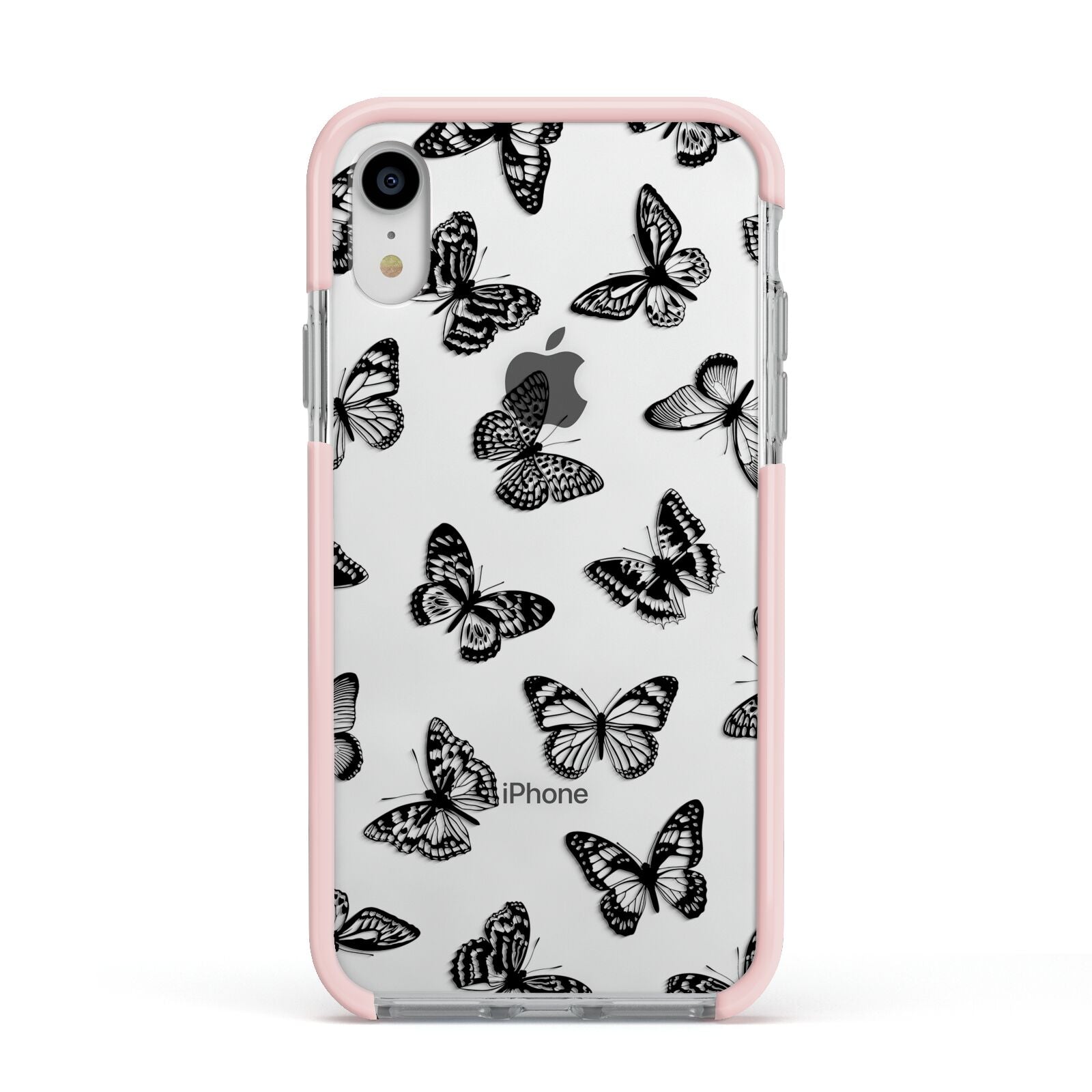 Butterfly Apple iPhone XR Impact Case Pink Edge on Silver Phone