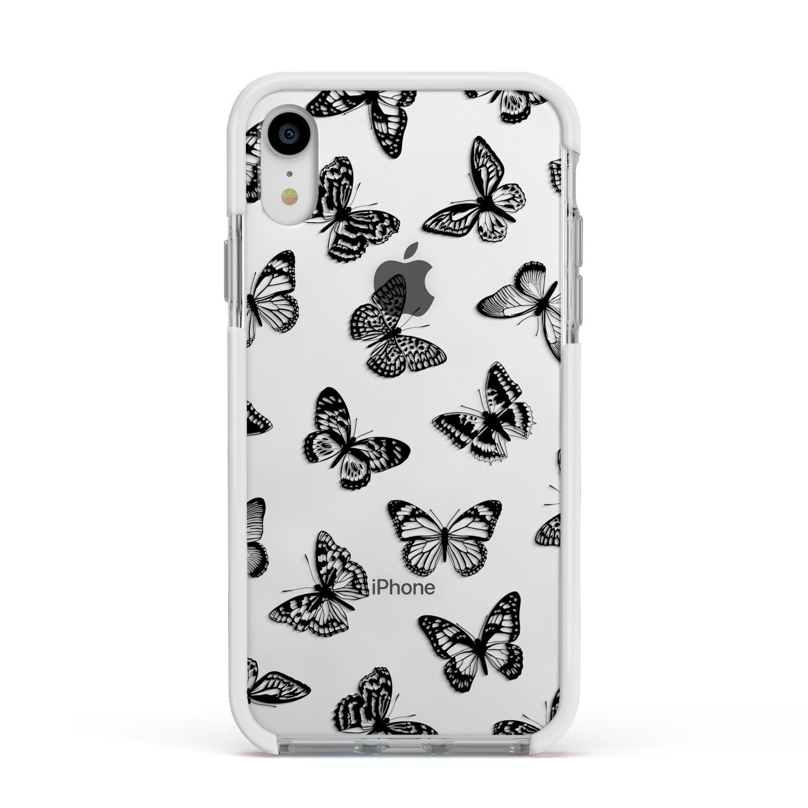 Butterfly Apple iPhone XR Impact Case White Edge on Silver Phone