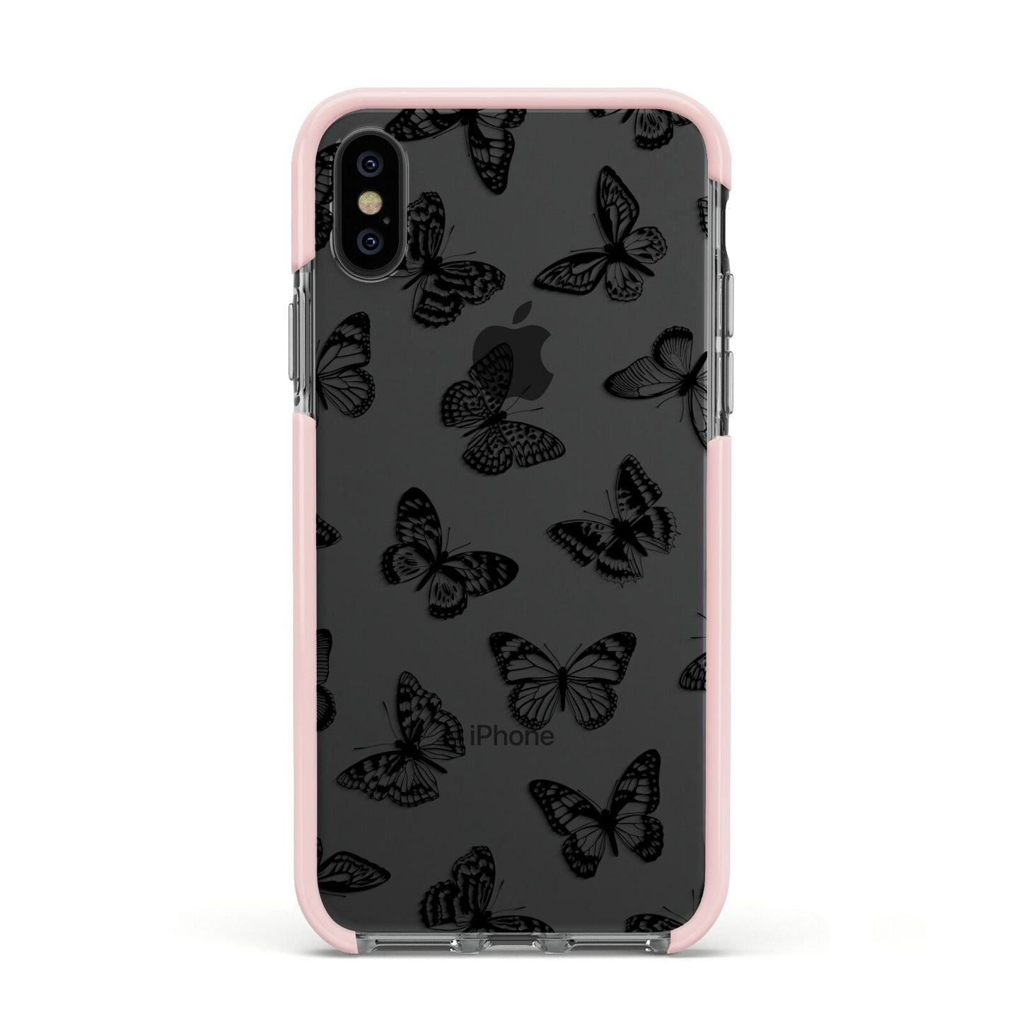 Butterfly Apple iPhone Xs Impact Case Pink Edge on Black Phone
