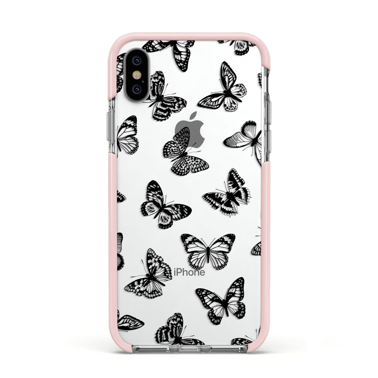 Butterfly Apple iPhone Xs Impact Case Pink Edge on Silver Phone