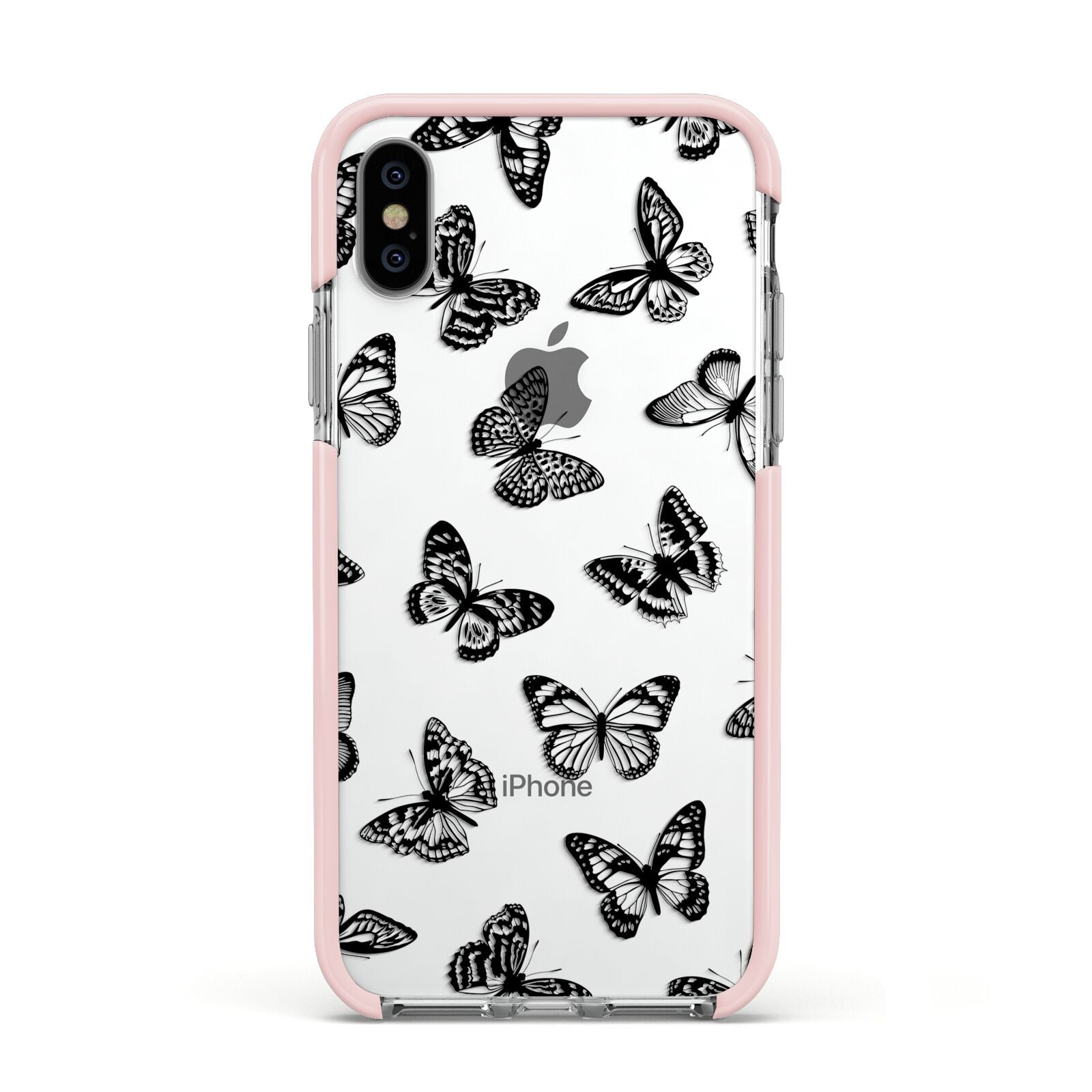 Butterfly Apple iPhone Xs Impact Case Pink Edge on Silver Phone