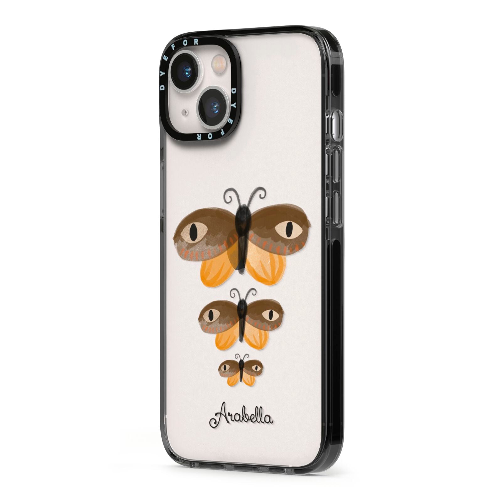 Butterfly Halloween Personalised iPhone 13 Black Impact Case Side Angle on Silver phone