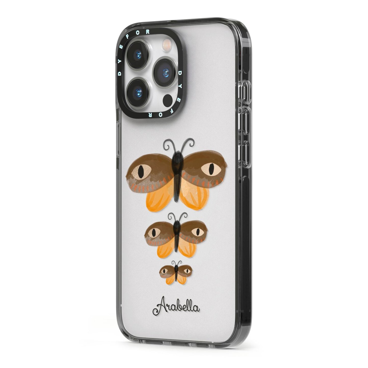 Butterfly Halloween Personalised iPhone 13 Pro Black Impact Case Side Angle on Silver phone
