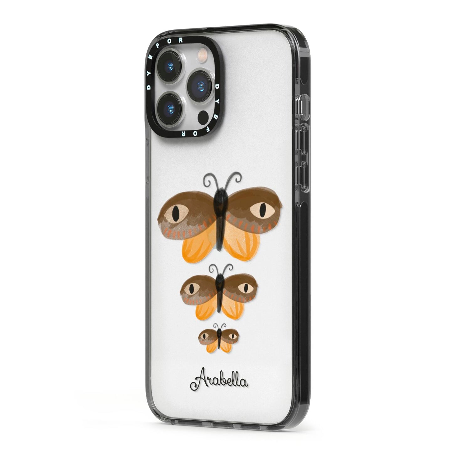 Butterfly Halloween Personalised iPhone 13 Pro Max Black Impact Case Side Angle on Silver phone