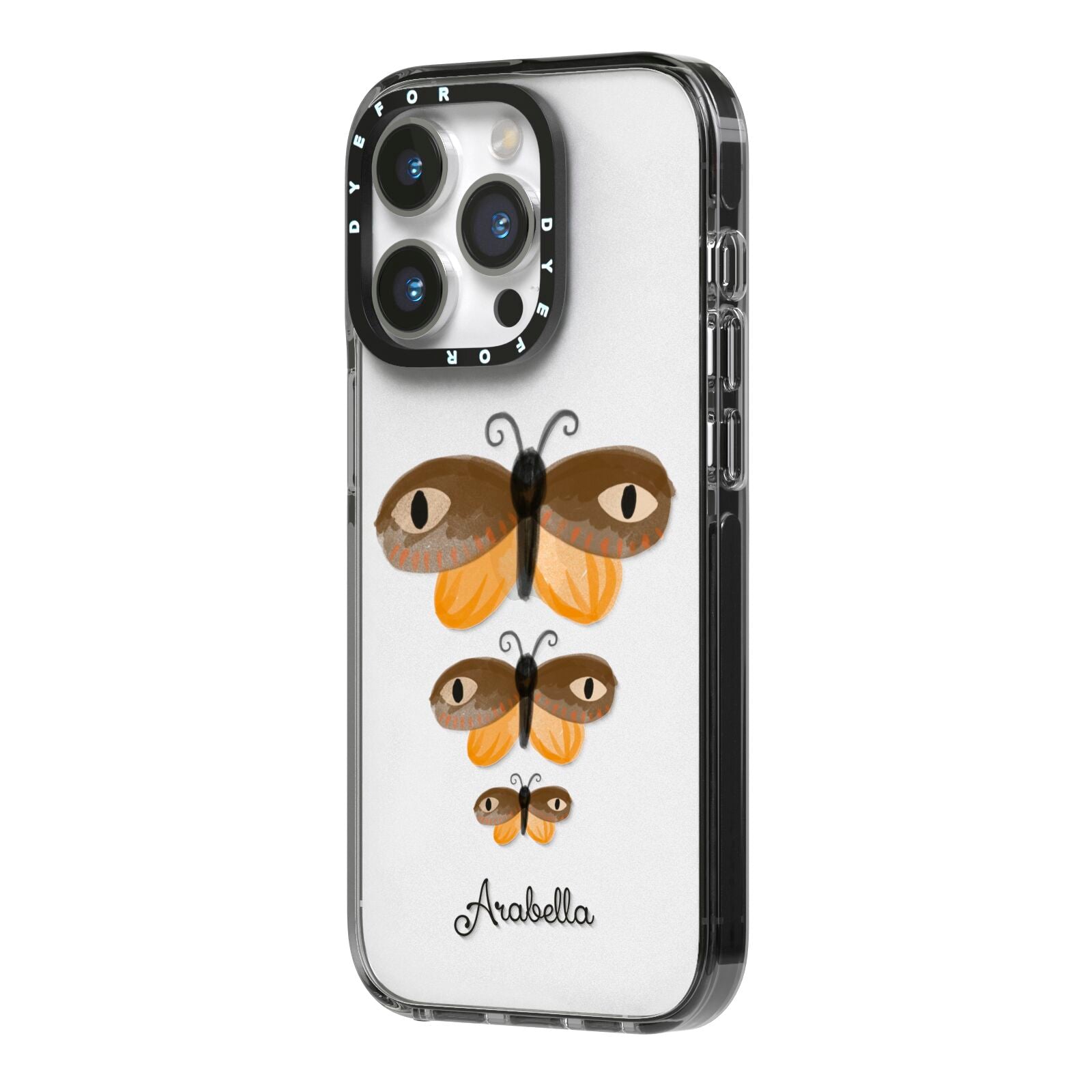 Butterfly Halloween Personalised iPhone 14 Pro Black Impact Case Side Angle on Silver phone