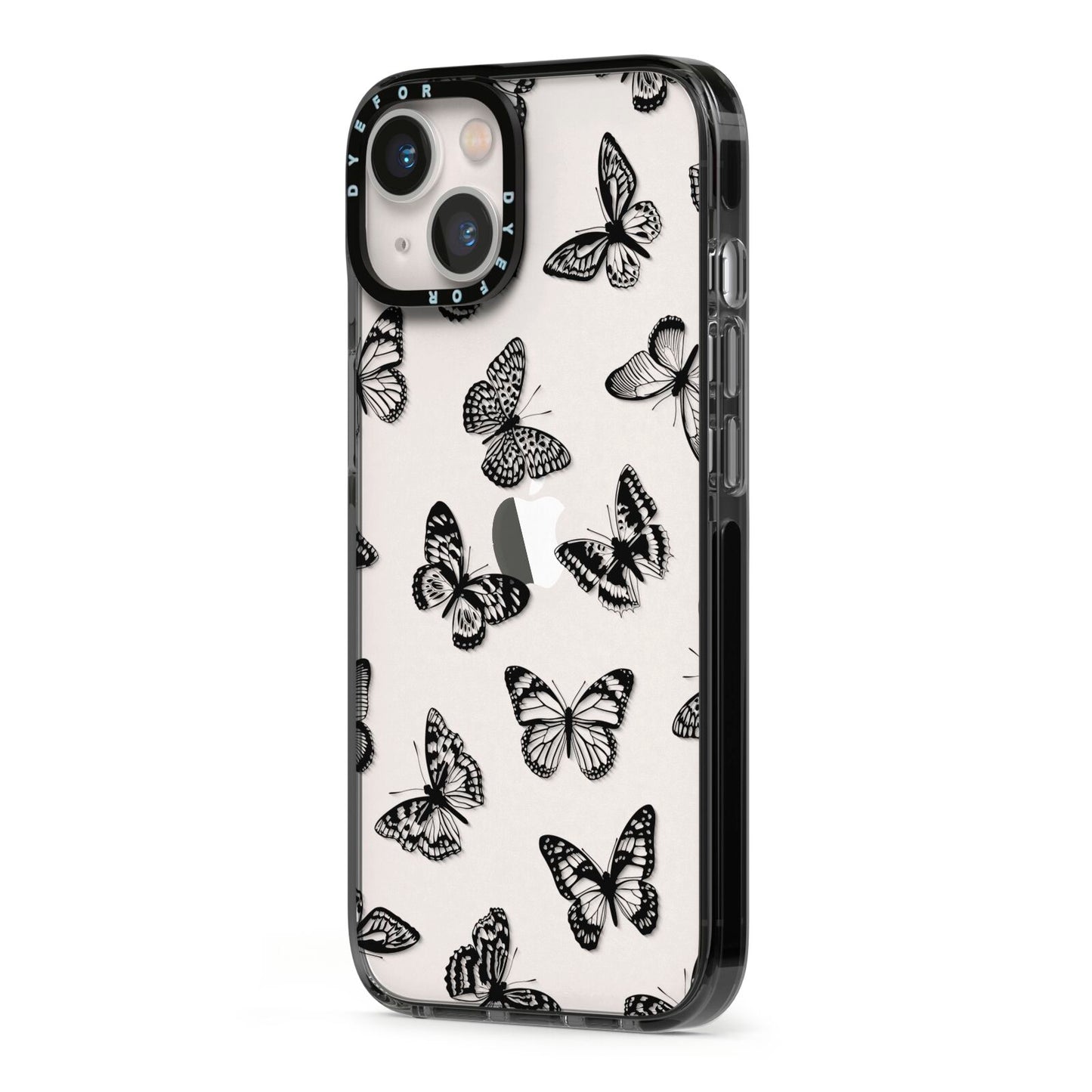 Butterfly iPhone 13 Black Impact Case Side Angle on Silver phone