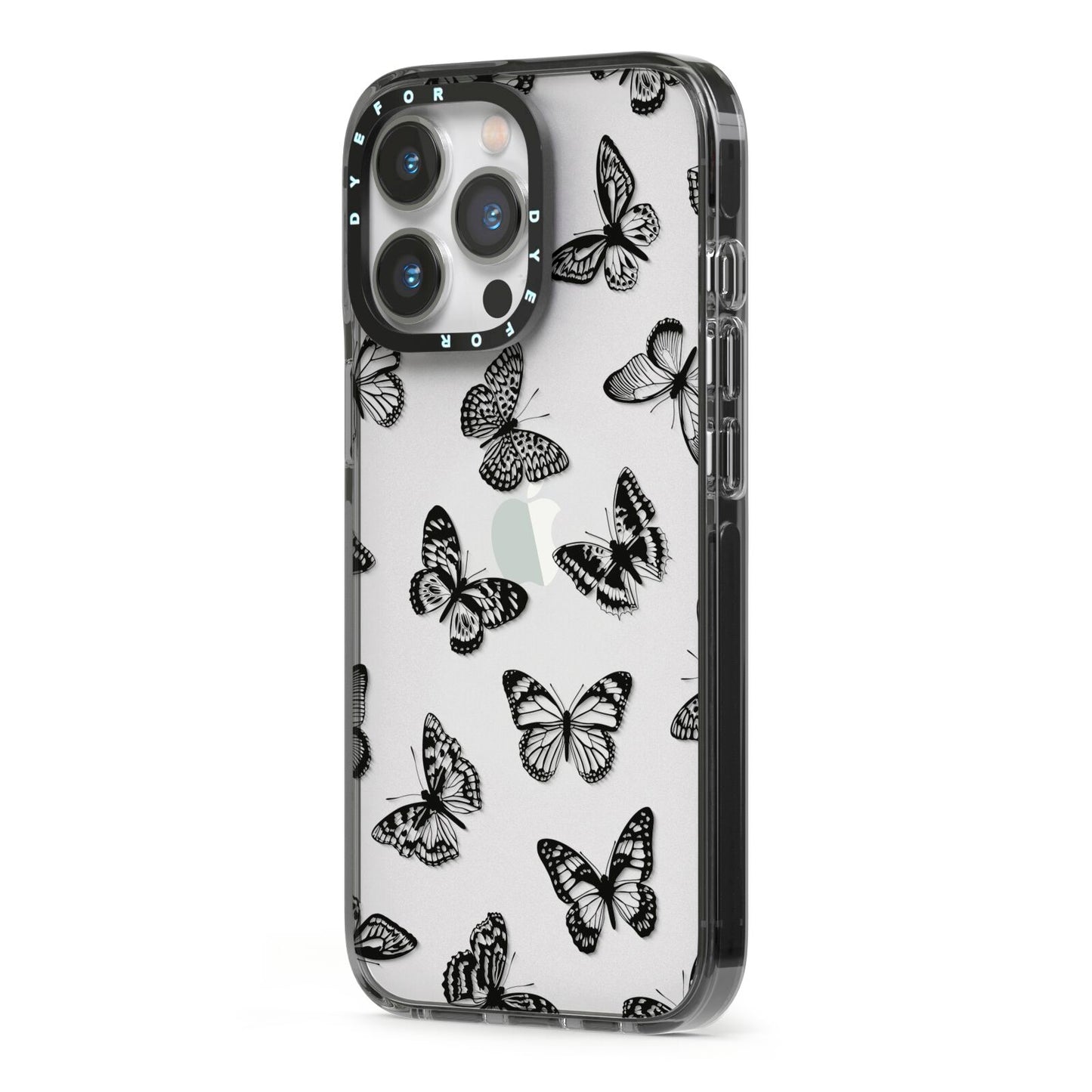 Butterfly iPhone 13 Pro Black Impact Case Side Angle on Silver phone