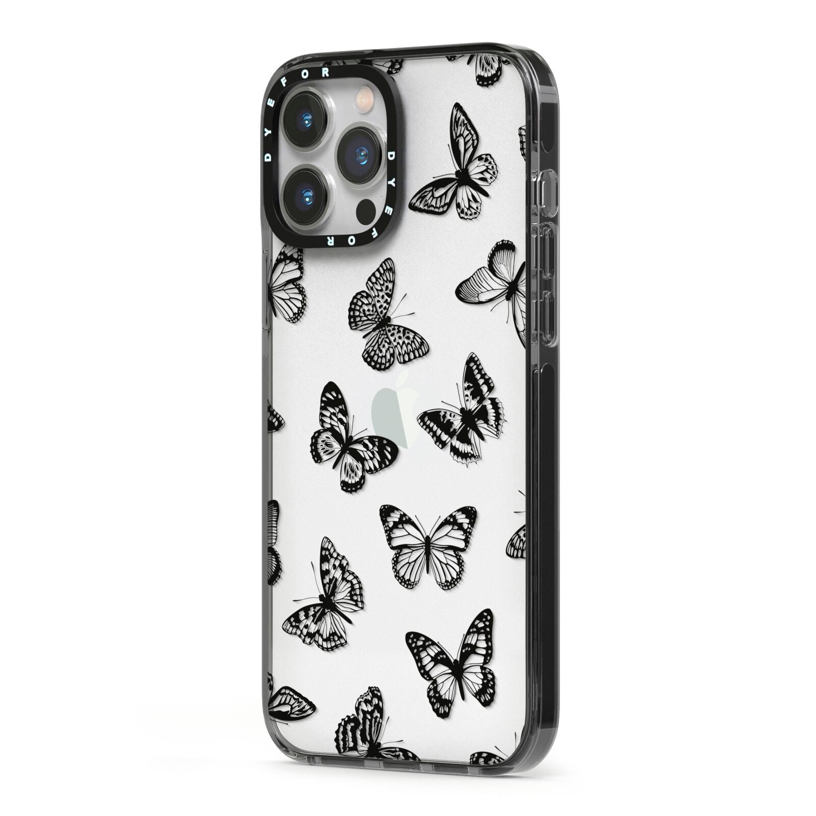 Butterfly iPhone 13 Pro Max Black Impact Case Side Angle on Silver phone