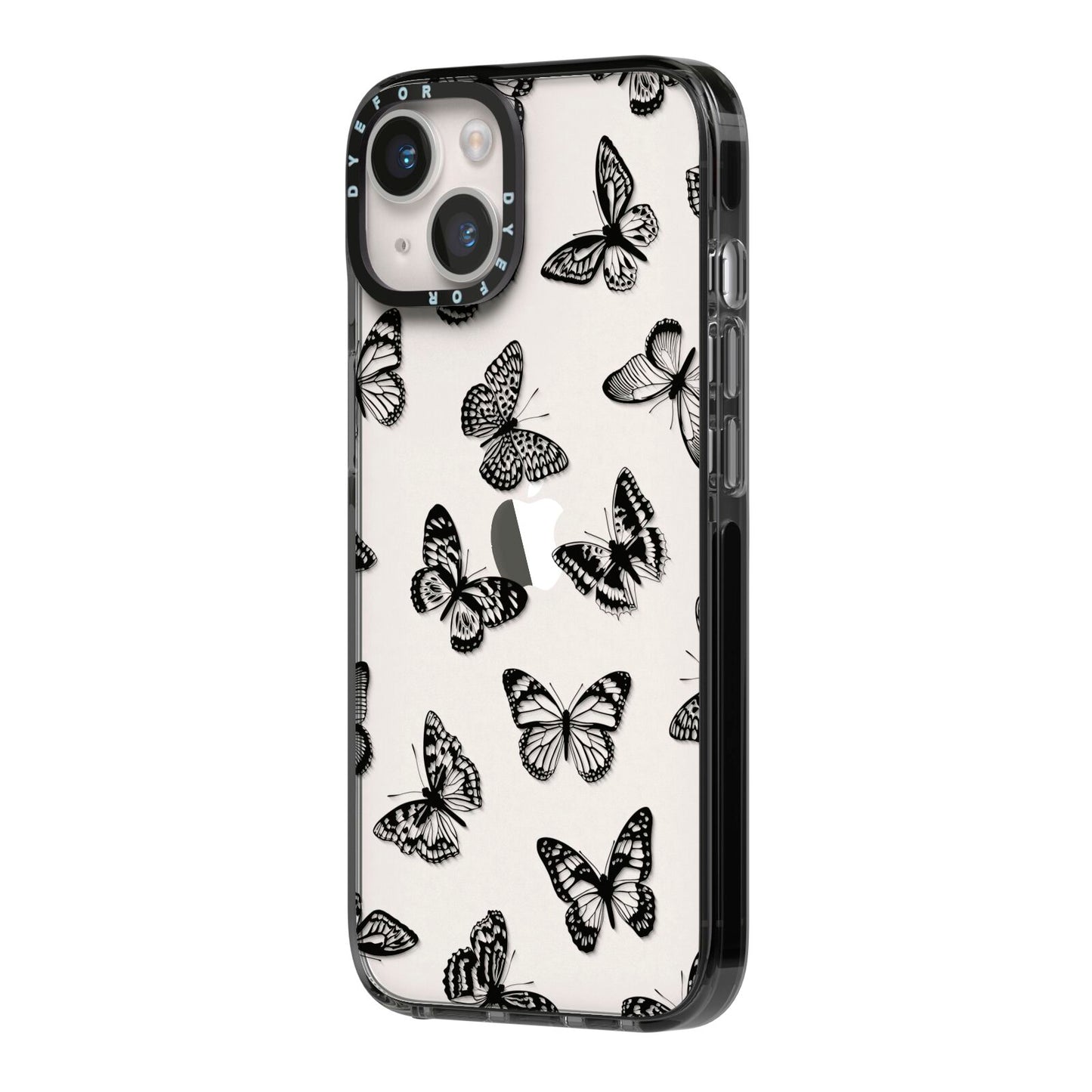 Butterfly iPhone 14 Black Impact Case Side Angle on Silver phone