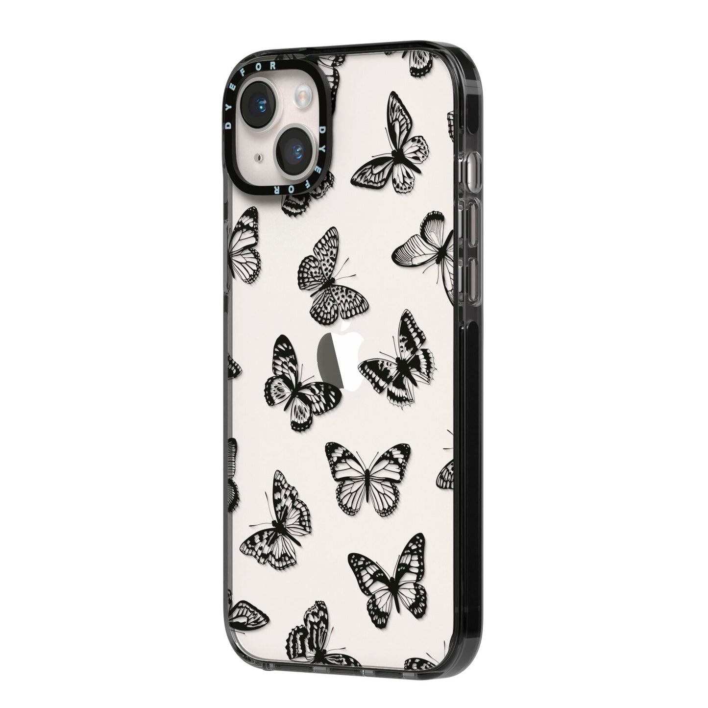 Butterfly iPhone 14 Plus Black Impact Case Side Angle on Silver phone