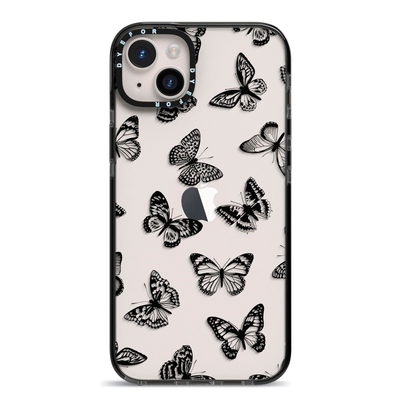 Butterfly iPhone 14 Plus Black Impact Case on Silver phone