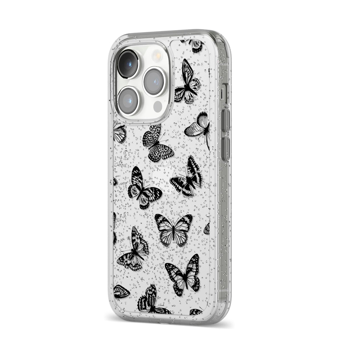 Butterfly iPhone 14 Pro Glitter Tough Case Silver Angled Image