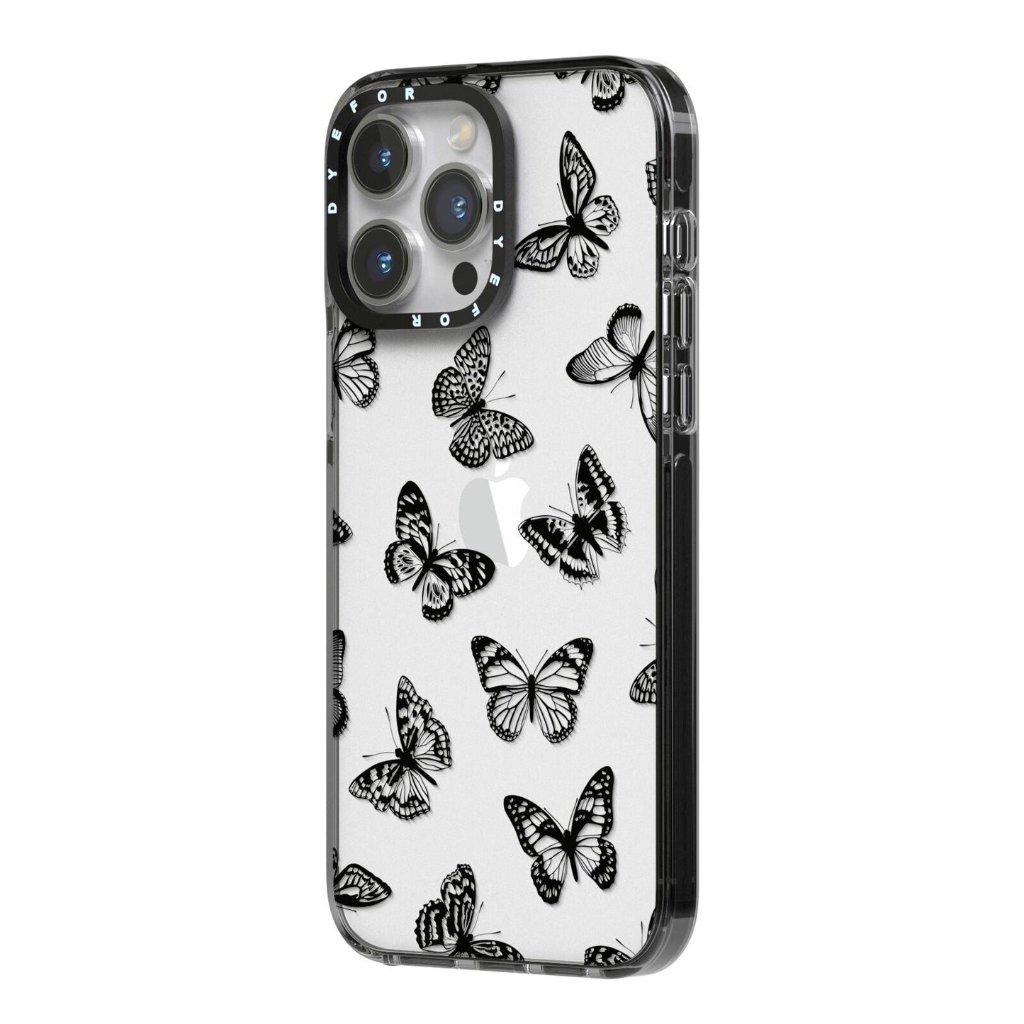 Butterfly iPhone 14 Pro Max Black Impact Case Side Angle on Silver phone